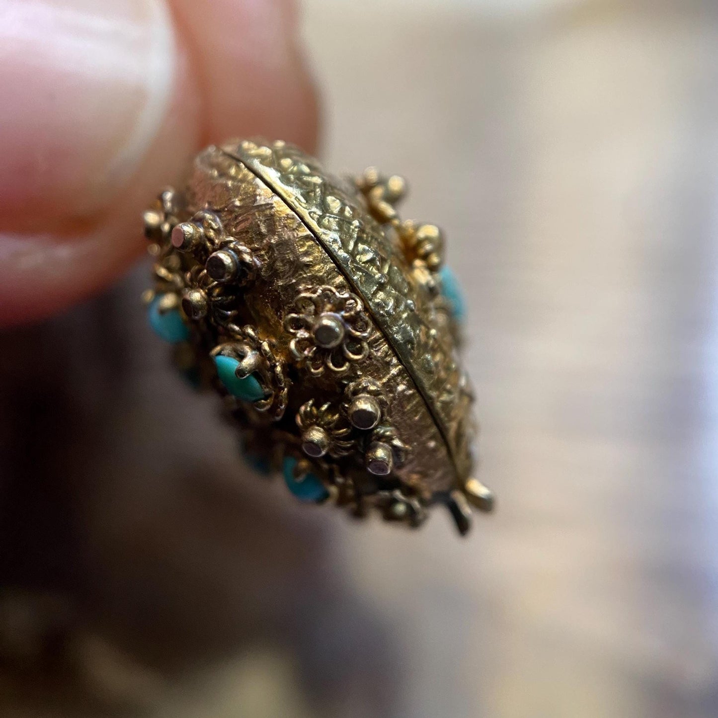 Antique Georgian Double Sided Textured Turquoise & Garnet Cannetille Heart Locket Charm in High Karat Gold, 14k, 1800's, Filigree, Pendant