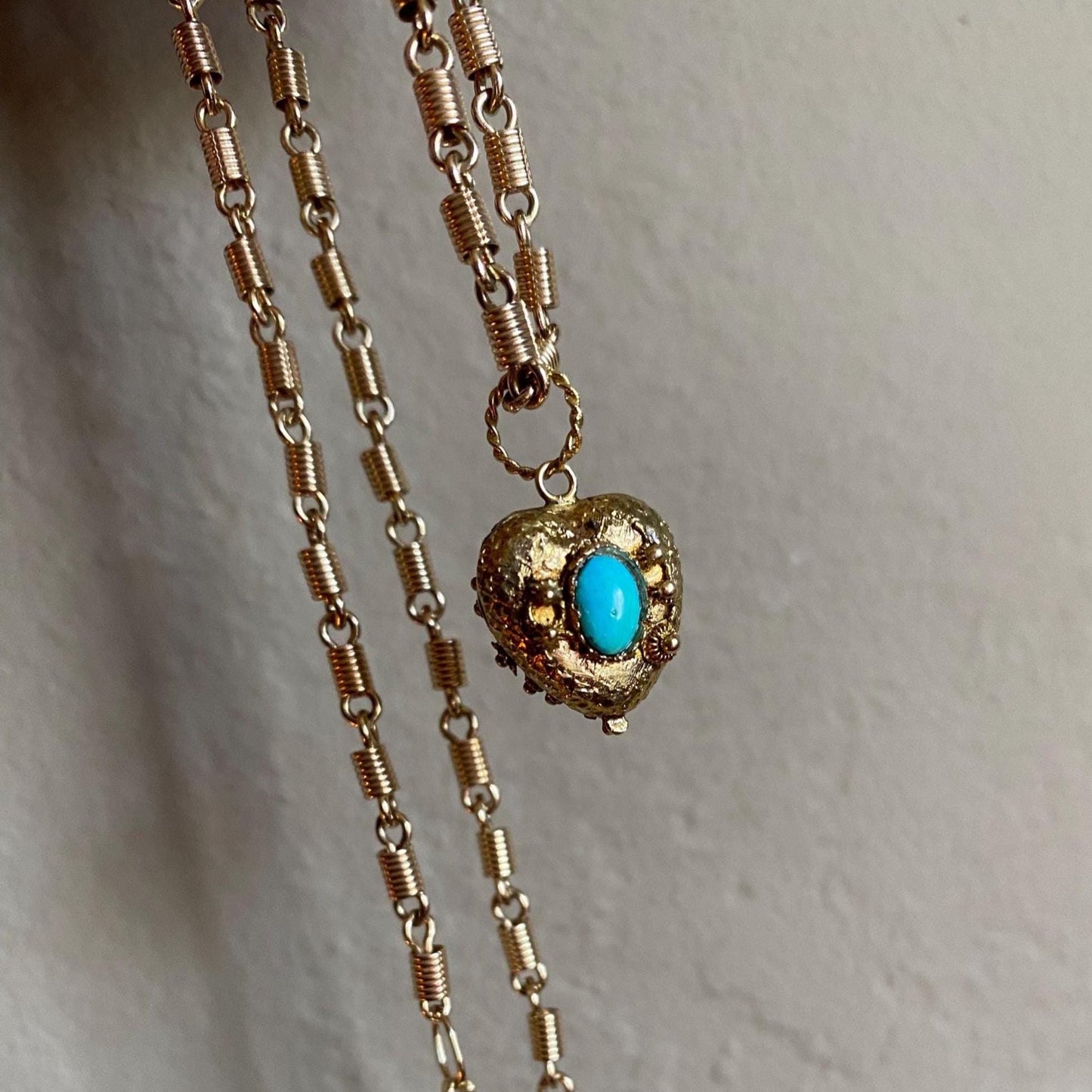 Antique Georgian Double Sided Textured Turquoise & Garnet Cannetille Heart Locket Charm in High Karat Gold, 14k, 1800's, Filigree, Pendant
