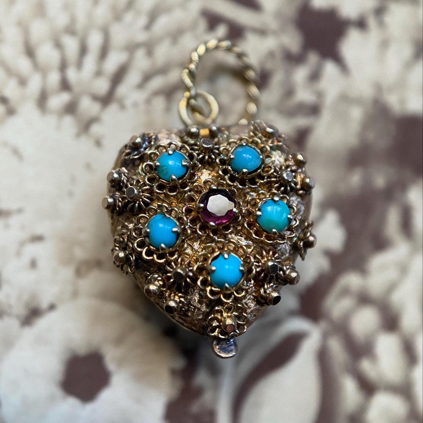 Antique Georgian Double Sided Textured Turquoise & Garnet Cannetille Heart Locket Charm in High Karat Gold, 14k, 1800's, Filigree, Pendant