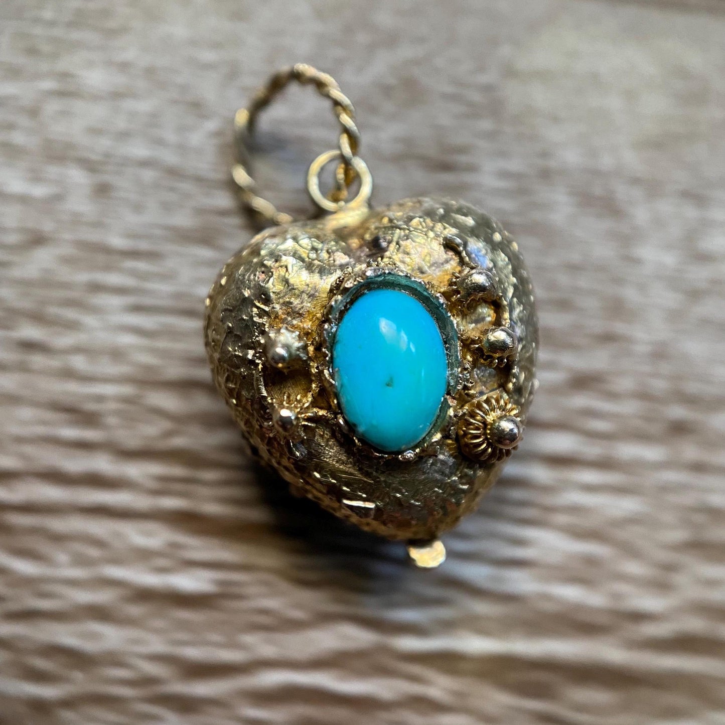 Antique Georgian Double Sided Textured Turquoise & Garnet Cannetille Heart Locket Charm in High Karat Gold, 14k, 1800's, Filigree, Pendant