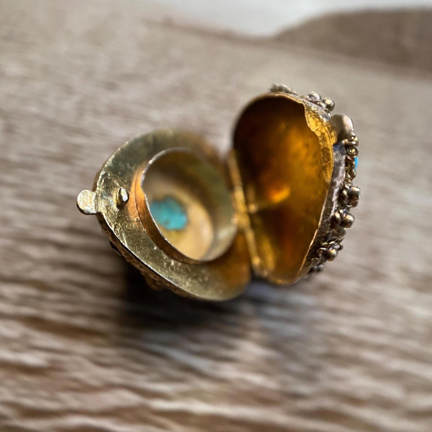 Antique Georgian Double Sided Textured Turquoise & Garnet Cannetille Heart Locket Charm in High Karat Gold, 14k, 1800's, Filigree, Pendant