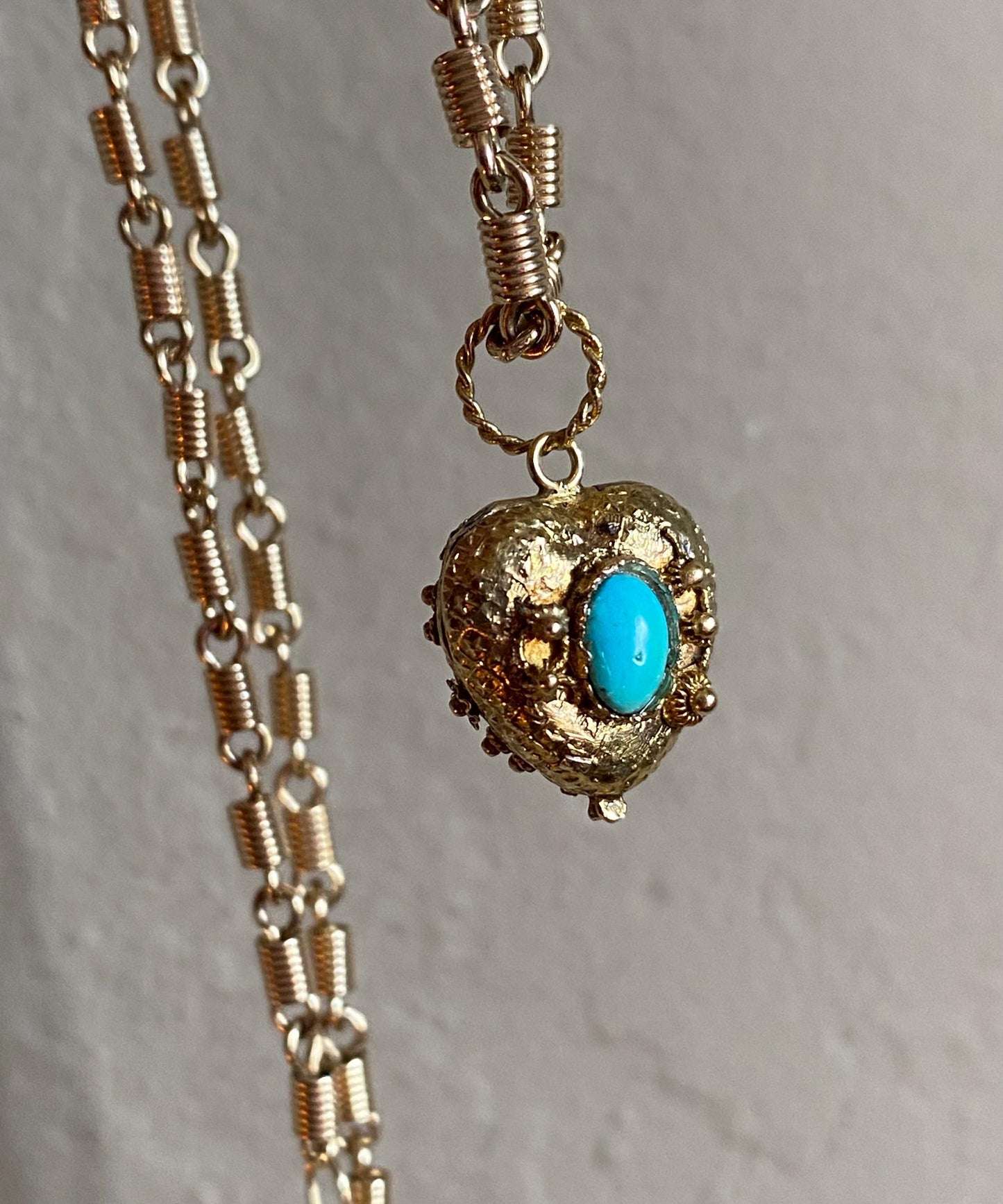 Antique Georgian Double Sided Textured Turquoise & Garnet Cannetille Heart Locket Charm in High Karat Gold, 14k, 1800's, Filigree, Pendant