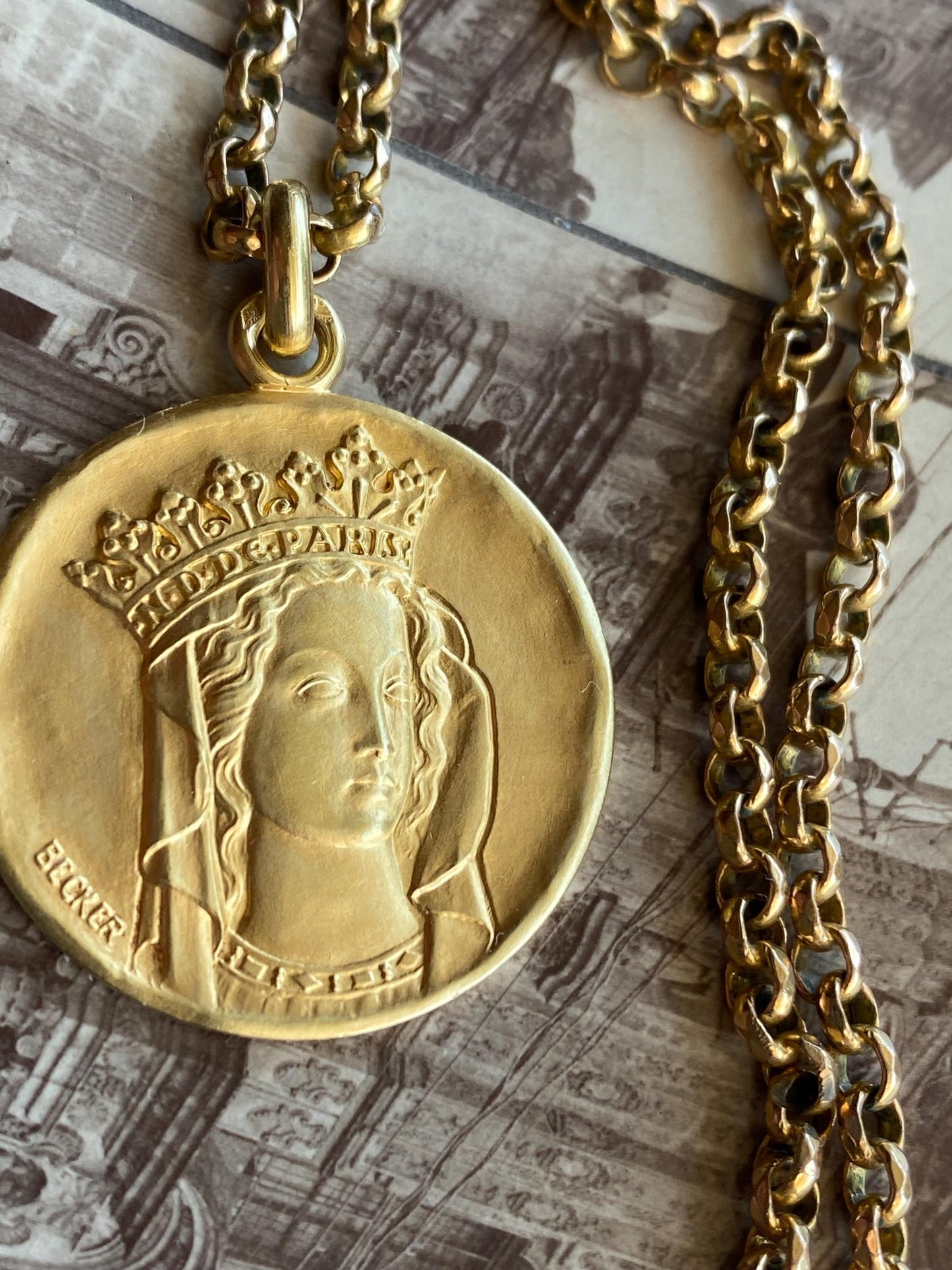 Vintage French Signed Becker "Notre Dame de Paris" Virgin Mother Mary Religious Medal Pendant w/ Inscription c. 1967 in 18k Gold, Medallion