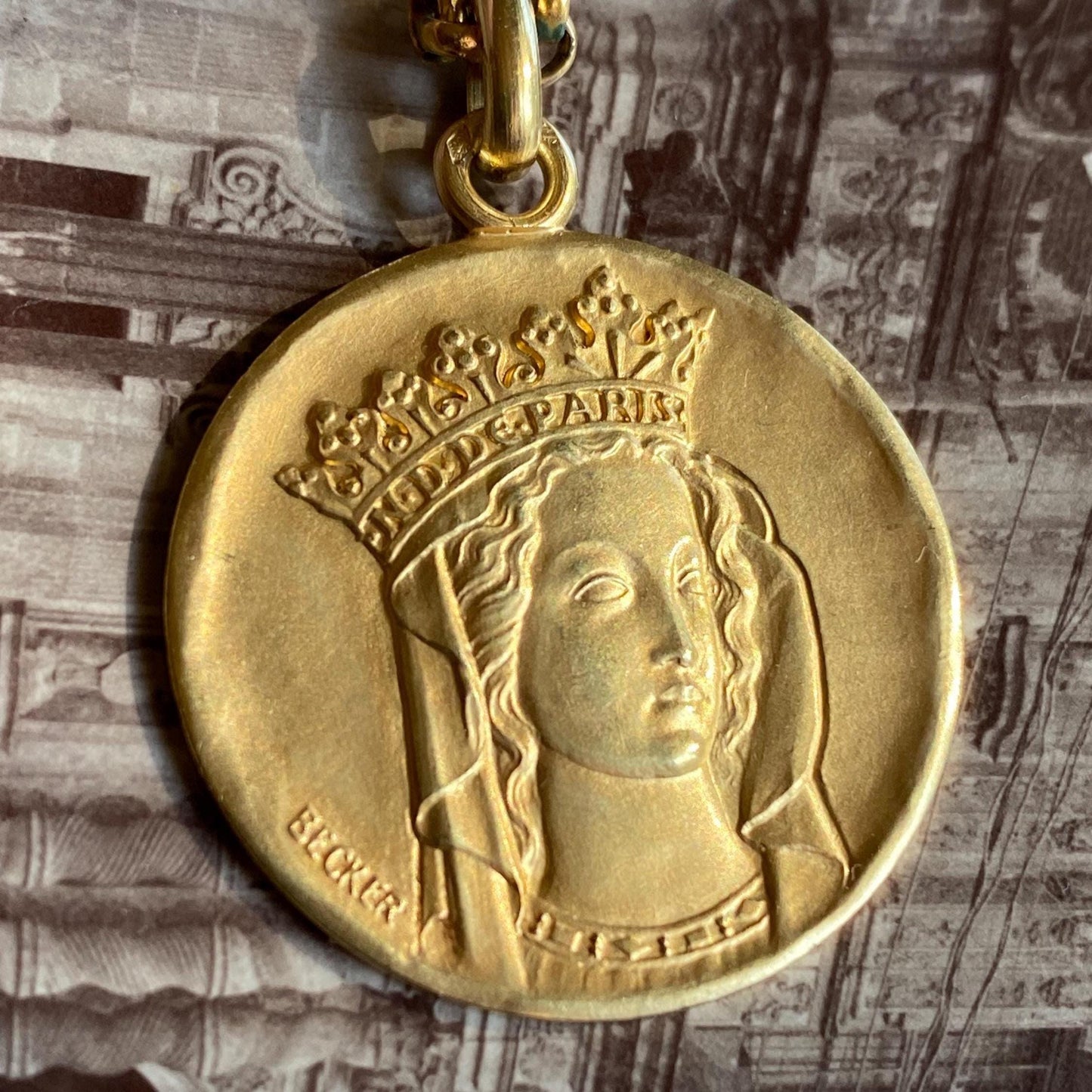 Vintage French Signed Becker "Notre Dame de Paris" Virgin Mother Mary Religious Medal Pendant w/ Inscription c. 1967 in 18k Gold, Medallion