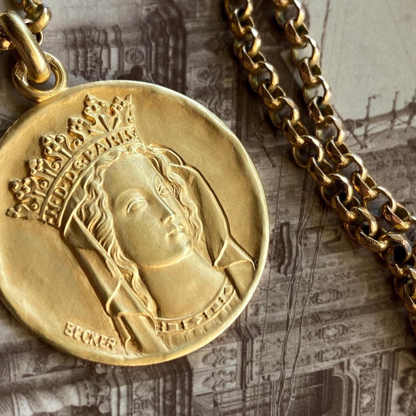 Vintage French Signed Becker "Notre Dame de Paris" Virgin Mother Mary Religious Medal Pendant w/ Inscription c. 1967 in 18k Gold, Medallion