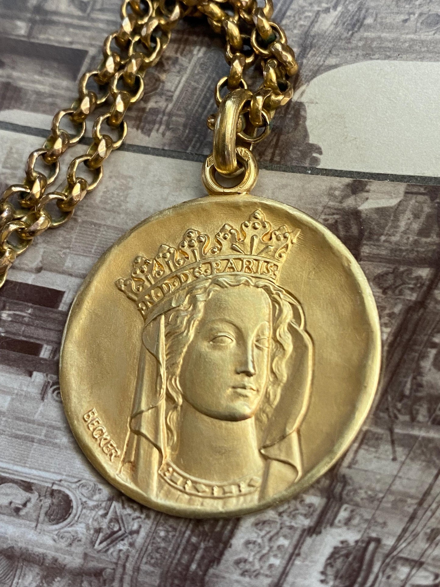 Vintage French Signed Becker "Notre Dame de Paris" Virgin Mother Mary Religious Medal Pendant w/ Inscription c. 1967 in 18k Gold, Medallion