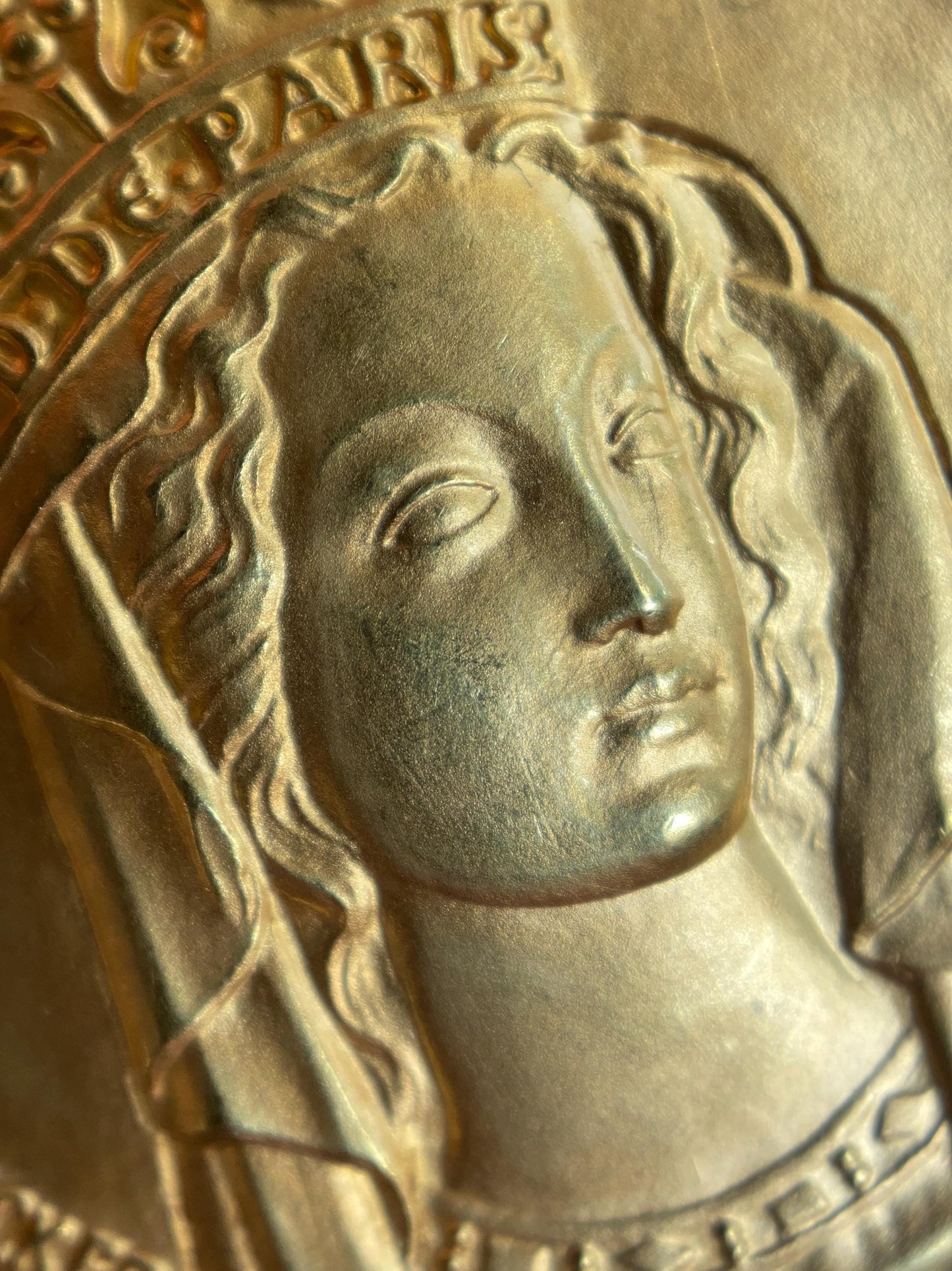 Vintage French Signed Becker "Notre Dame de Paris" Virgin Mother Mary Religious Medal Pendant w/ Inscription c. 1967 in 18k Gold, Medallion