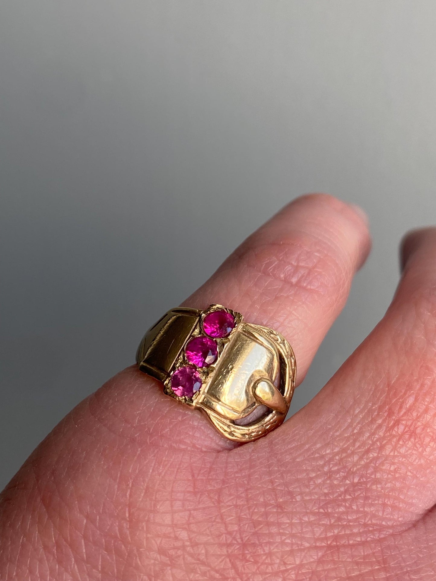 Antique Victorian Wide Band Belt Buckle Motif Ring with Trio of Bright Pink Rubies 10k Gold, Garter, Love Token, Cigar, 1800's, Fidelity