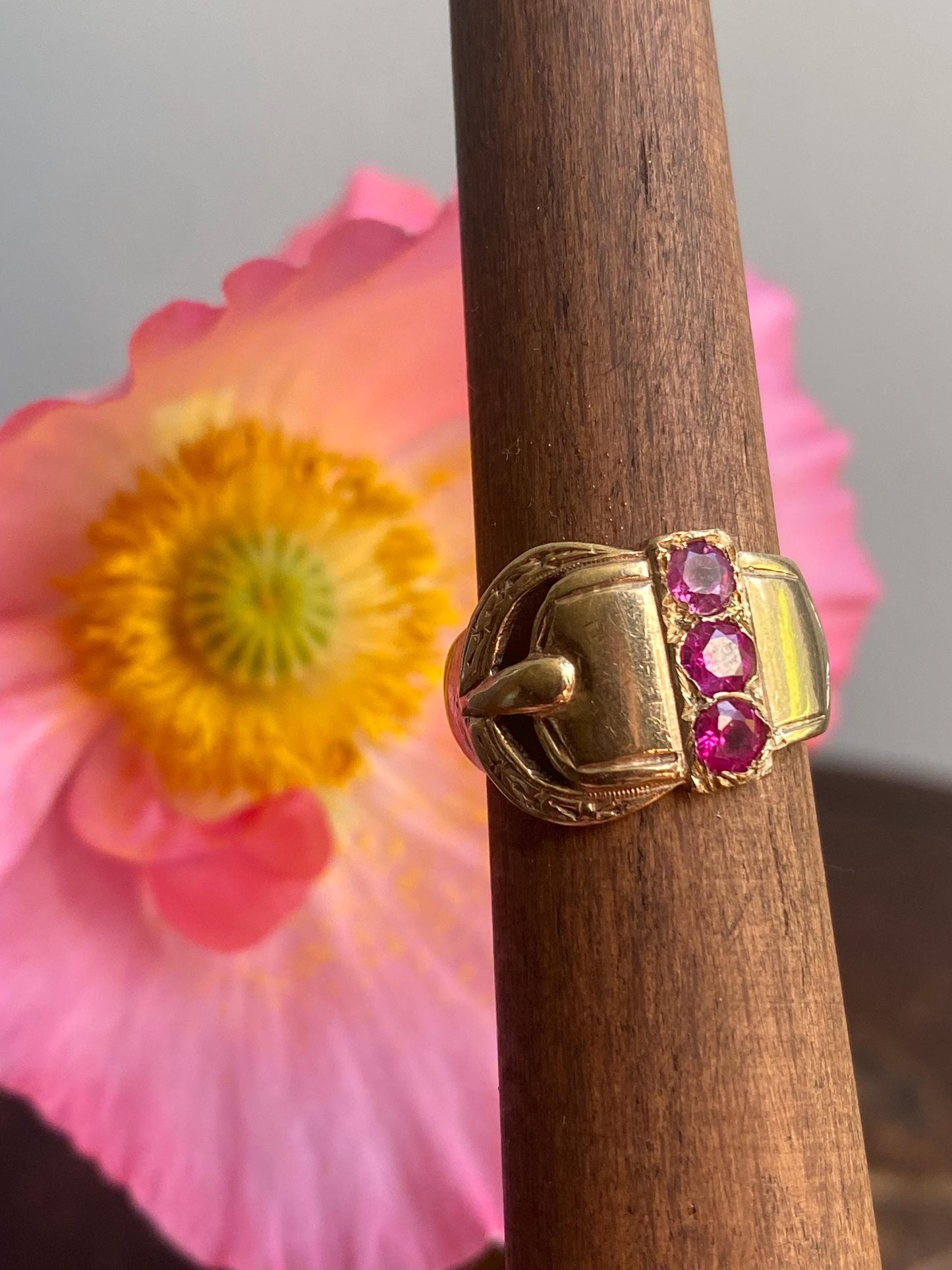 Antique Victorian Wide Band Belt Buckle Motif Ring with Trio of Bright Pink Rubies 10k Gold, Garter, Love Token, Cigar, 1800's, Fidelity