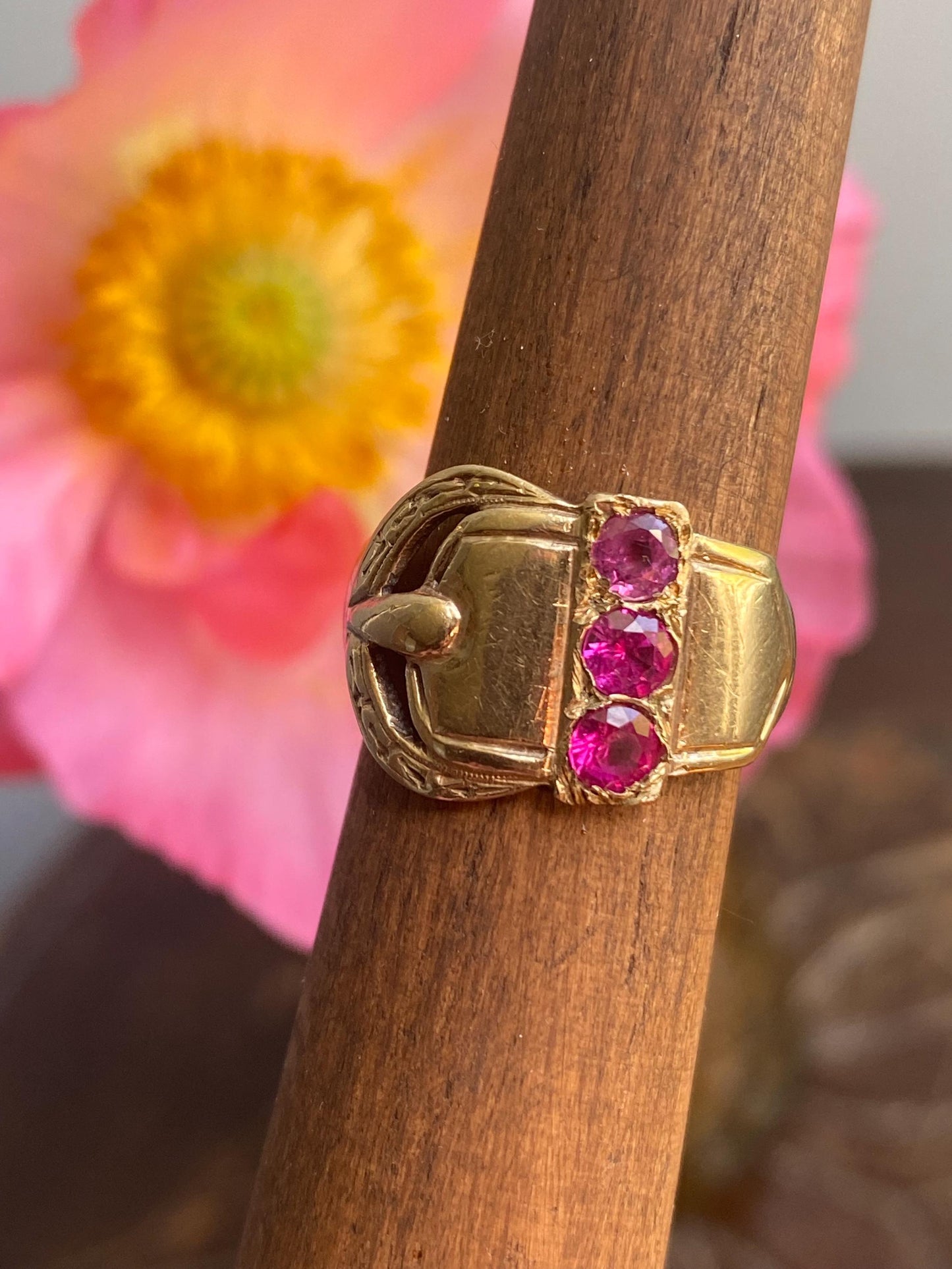 Antique Victorian Wide Band Belt Buckle Motif Ring with Trio of Bright Pink Rubies 10k Gold, Garter, Love Token, Cigar, 1800's, Fidelity