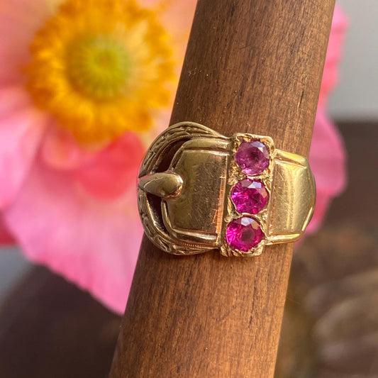 Antique Victorian Wide Band Belt Buckle Motif Ring with Trio of Bright Pink Rubies 10k Gold, Garter, Love Token, Cigar, 1800's, Fidelity