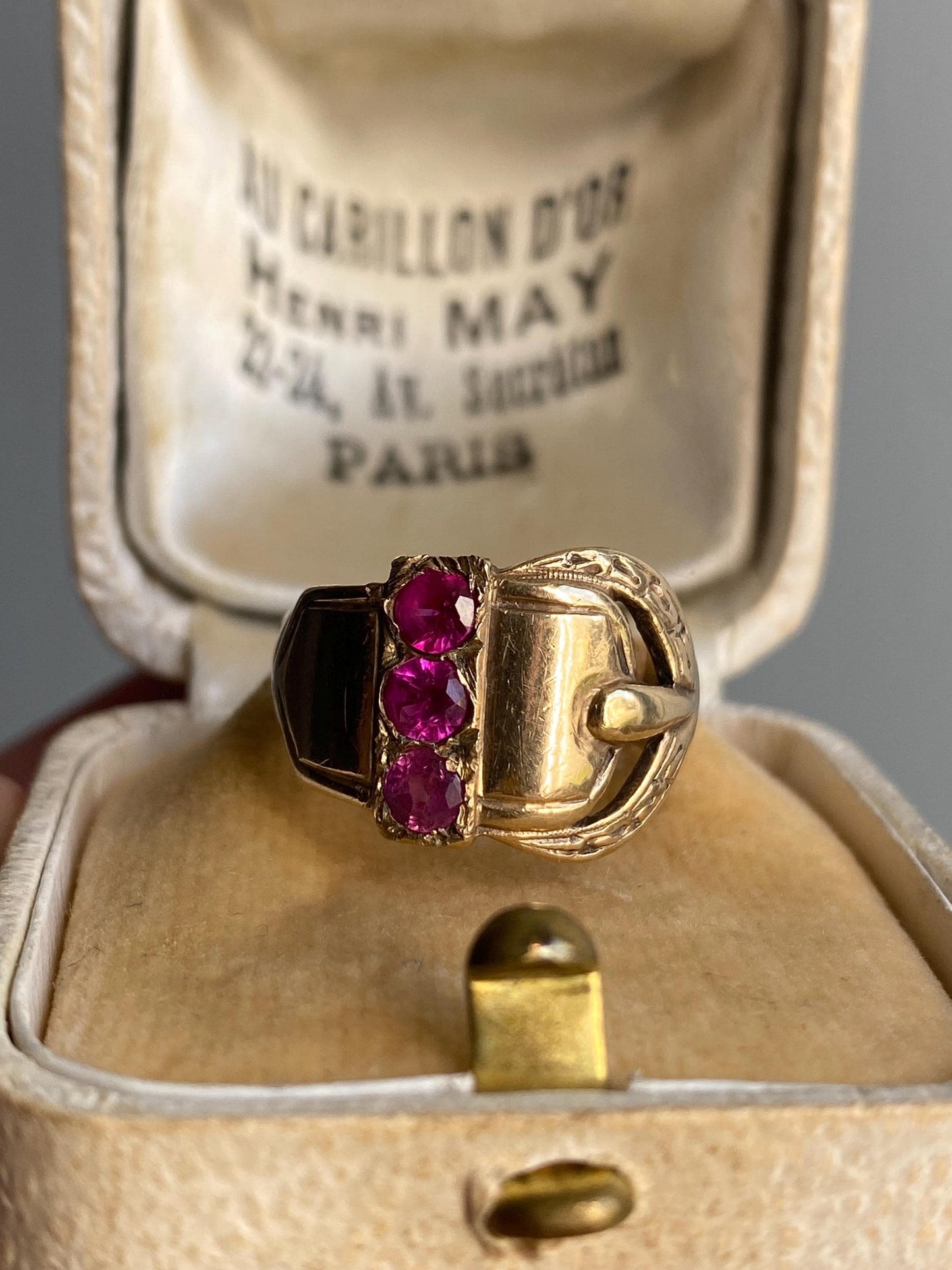 Antique Victorian Wide Band Belt Buckle Motif Ring with Trio of Bright Pink Rubies 10k Gold, Garter, Love Token, Cigar, 1800's, Fidelity