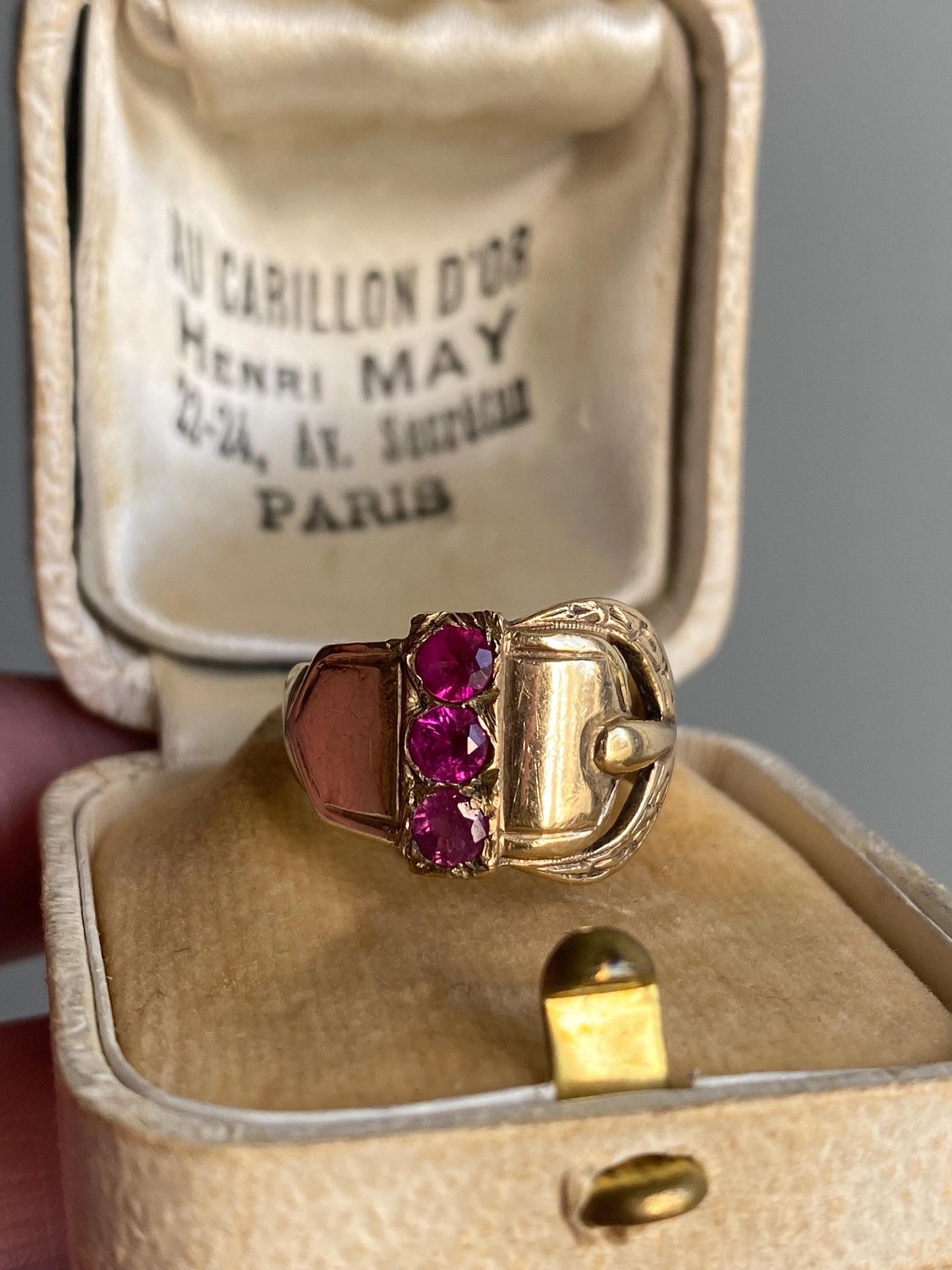 Antique Victorian Wide Band Belt Buckle Motif Ring with Trio of Bright Pink Rubies 10k Gold, Garter, Love Token, Cigar, 1800's, Fidelity