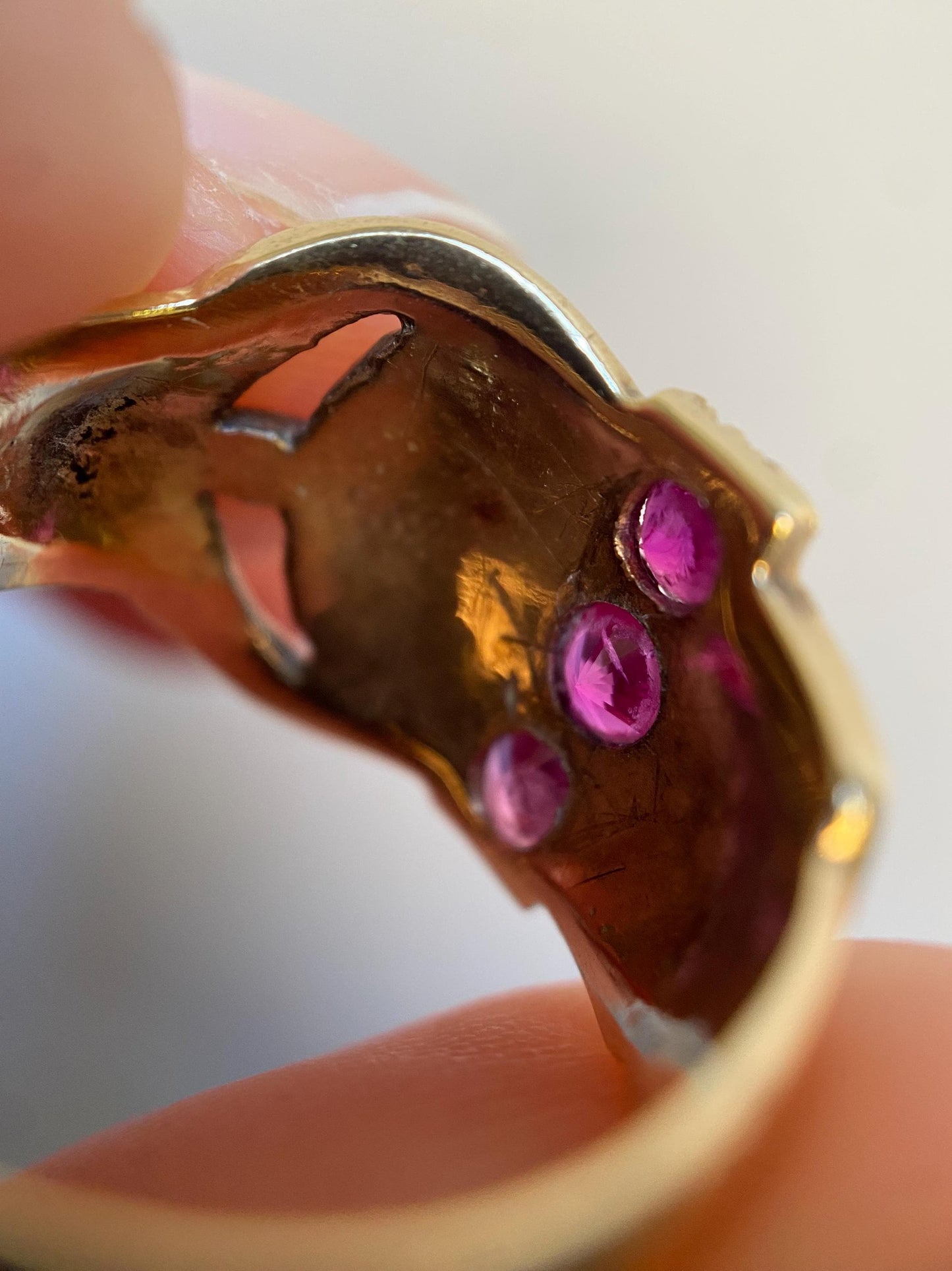 Antique Victorian Wide Band Belt Buckle Motif Ring with Trio of Bright Pink Rubies 10k Gold, Garter, Love Token, Cigar, 1800's, Fidelity