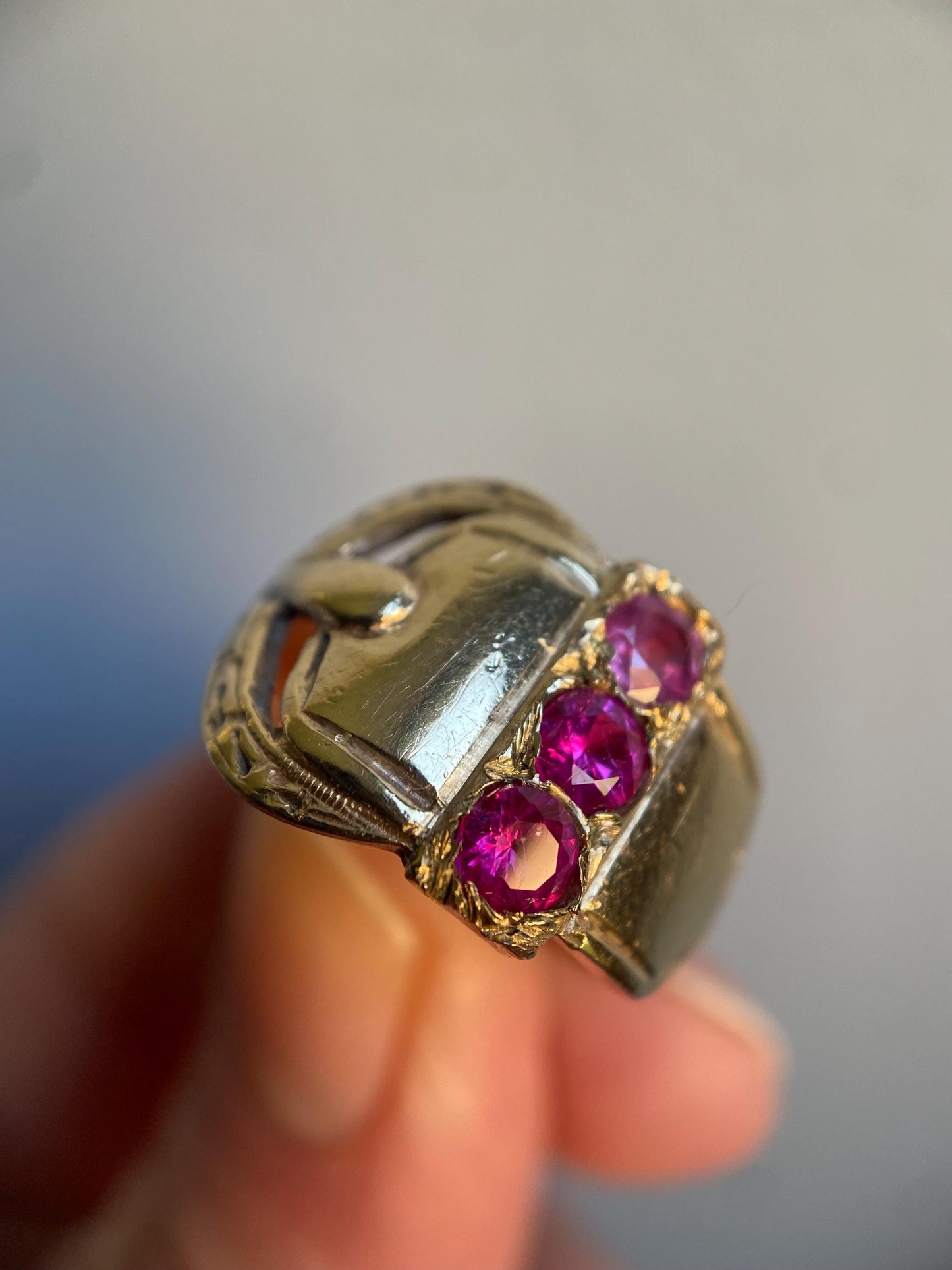 Antique Victorian Wide Band Belt Buckle Motif Ring with Trio of Bright Pink Rubies 10k Gold, Garter, Love Token, Cigar, 1800's, Fidelity