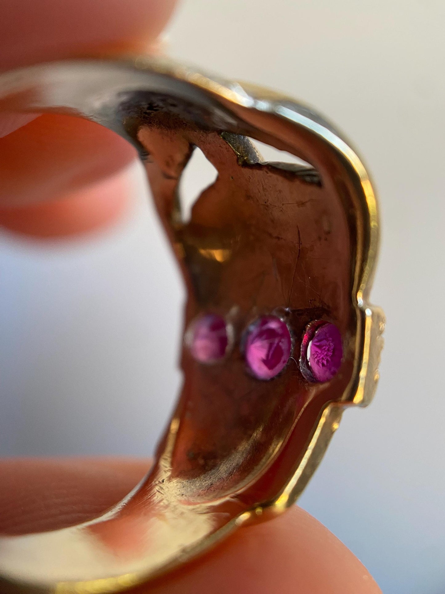 Antique Victorian Wide Band Belt Buckle Motif Ring with Trio of Bright Pink Rubies 10k Gold, Garter, Love Token, Cigar, 1800's, Fidelity