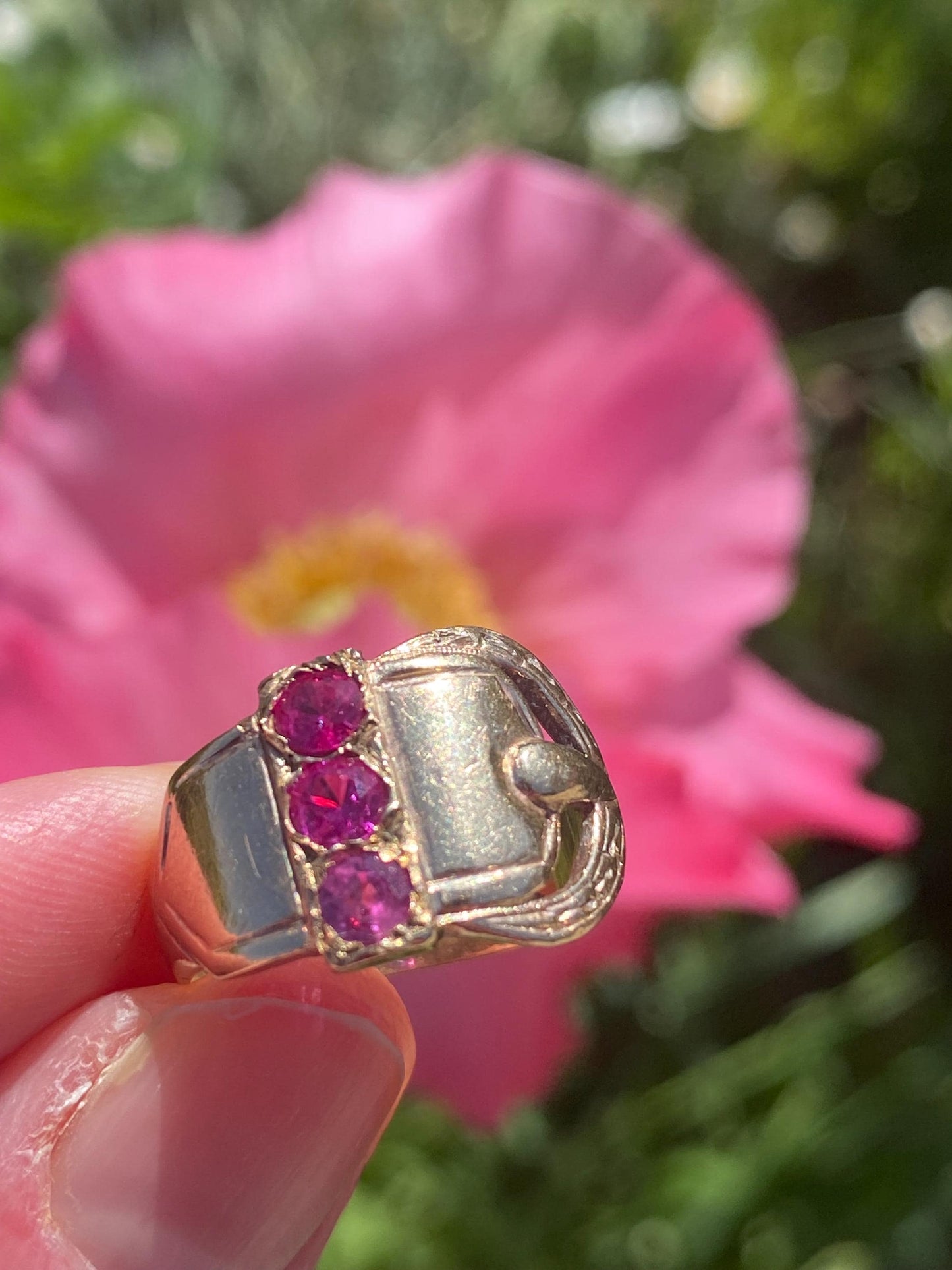 Antique Victorian Wide Band Belt Buckle Motif Ring with Trio of Bright Pink Rubies 10k Gold, Garter, Love Token, Cigar, 1800's, Fidelity