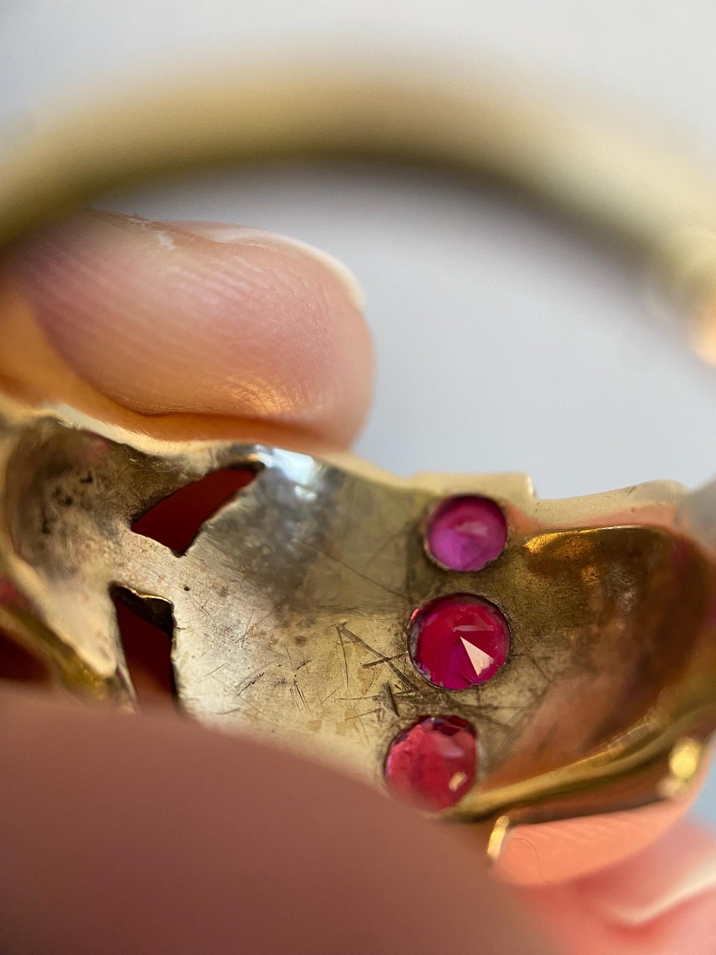 Antique Victorian Wide Band Belt Buckle Motif Ring with Trio of Bright Pink Rubies 10k Gold, Garter, Love Token, Cigar, 1800's, Fidelity