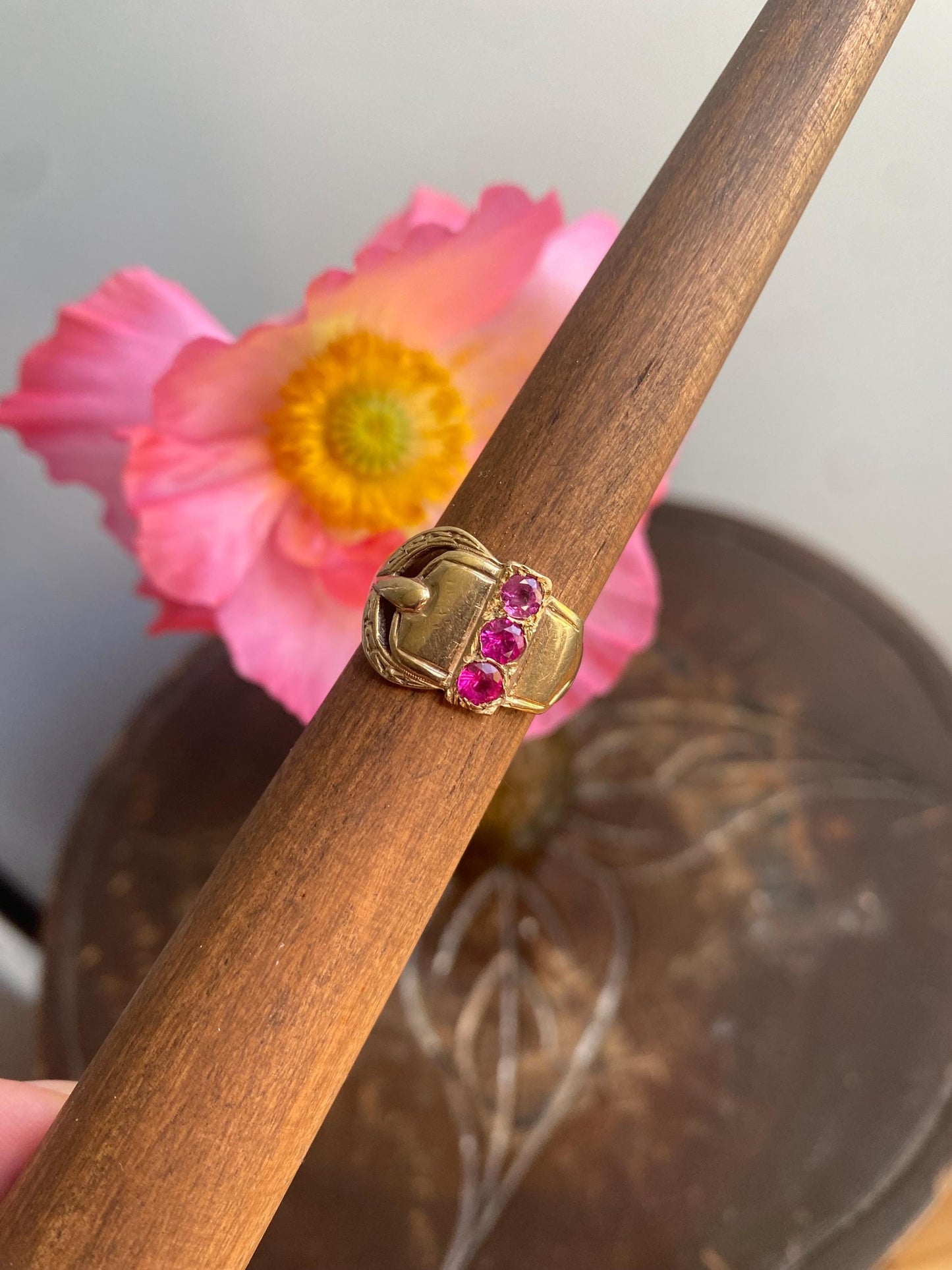 Antique Victorian Wide Band Belt Buckle Motif Ring with Trio of Bright Pink Rubies 10k Gold, Garter, Love Token, Cigar, 1800's, Fidelity
