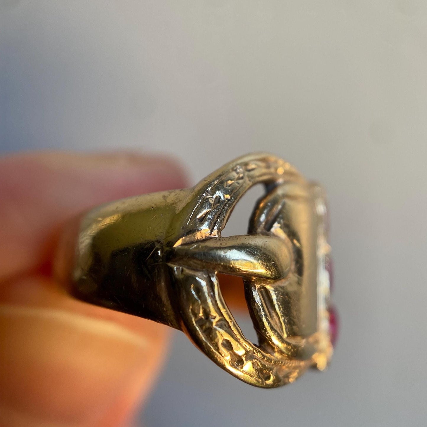 Antique Victorian Wide Band Belt Buckle Motif Ring with Trio of Bright Pink Rubies 10k Gold, Garter, Love Token, Cigar, 1800's, Fidelity