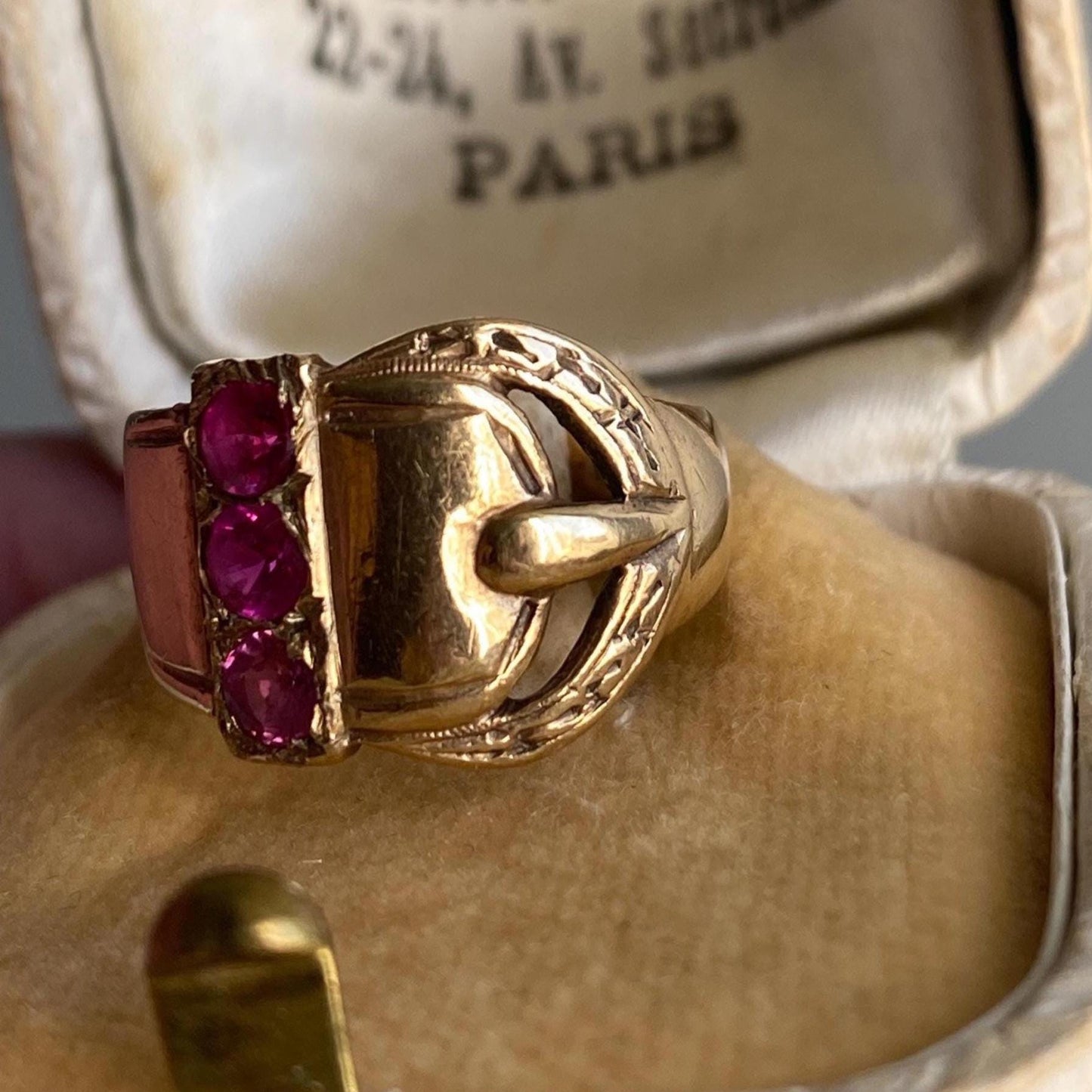 Antique Victorian Wide Band Belt Buckle Motif Ring with Trio of Bright Pink Rubies 10k Gold, Garter, Love Token, Cigar, 1800's, Fidelity