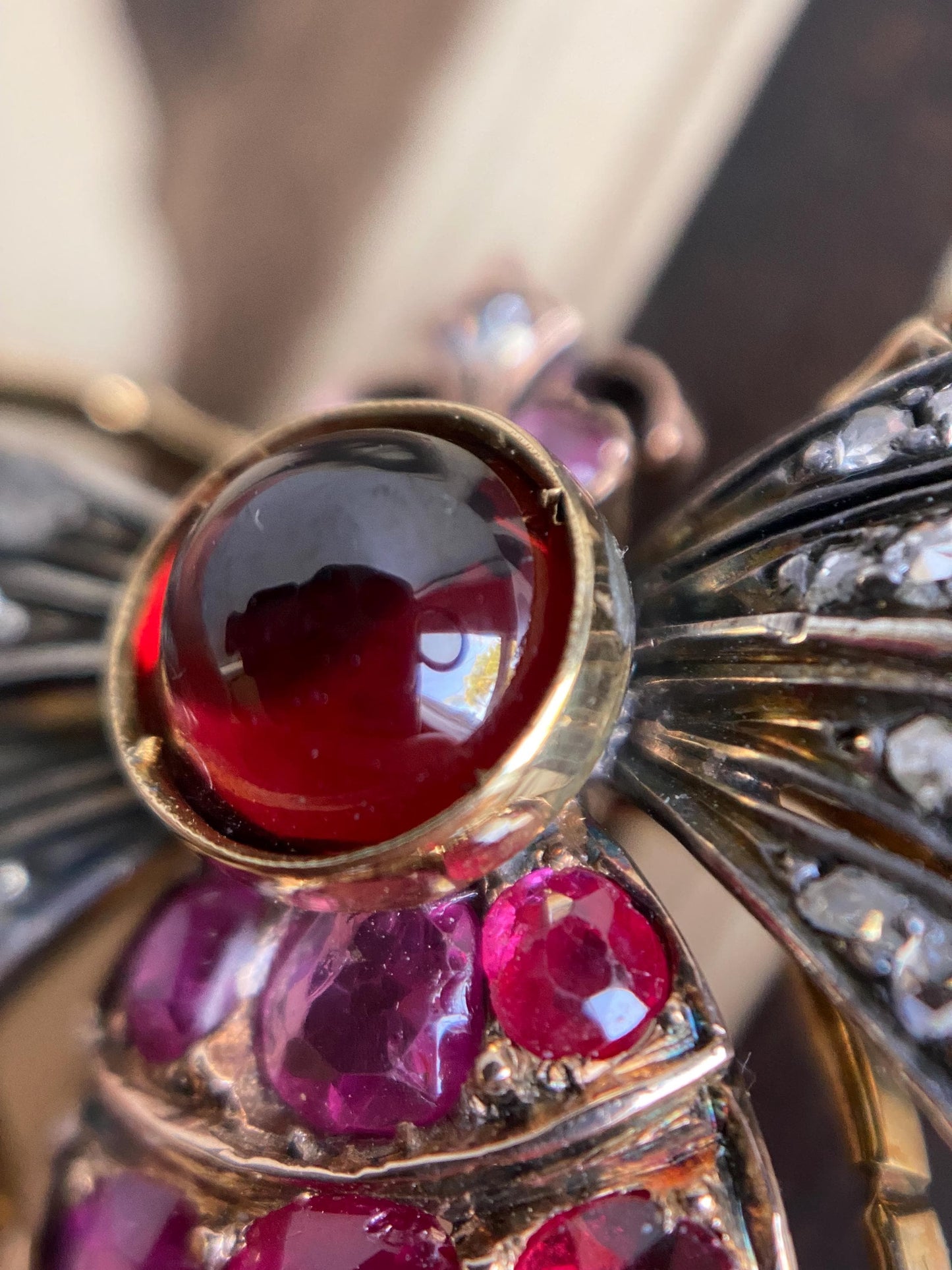 Antique Victorian Bejeweled Bee Brooch with Diamonds, Rubies and Spinel in Silver and Gold c. 1890, Insect, Bug, Pin, Connector, Extender