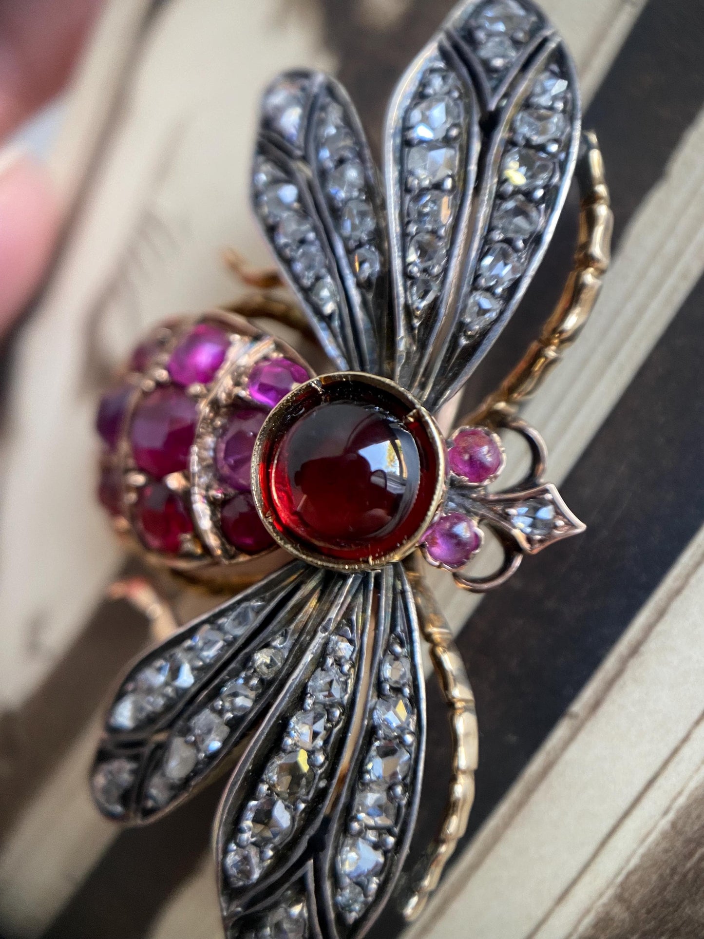 Antique Victorian Bejeweled Bee Brooch with Diamonds, Rubies and Spinel in Silver and Gold c. 1890, Insect, Bug, Pin, Connector, Extender