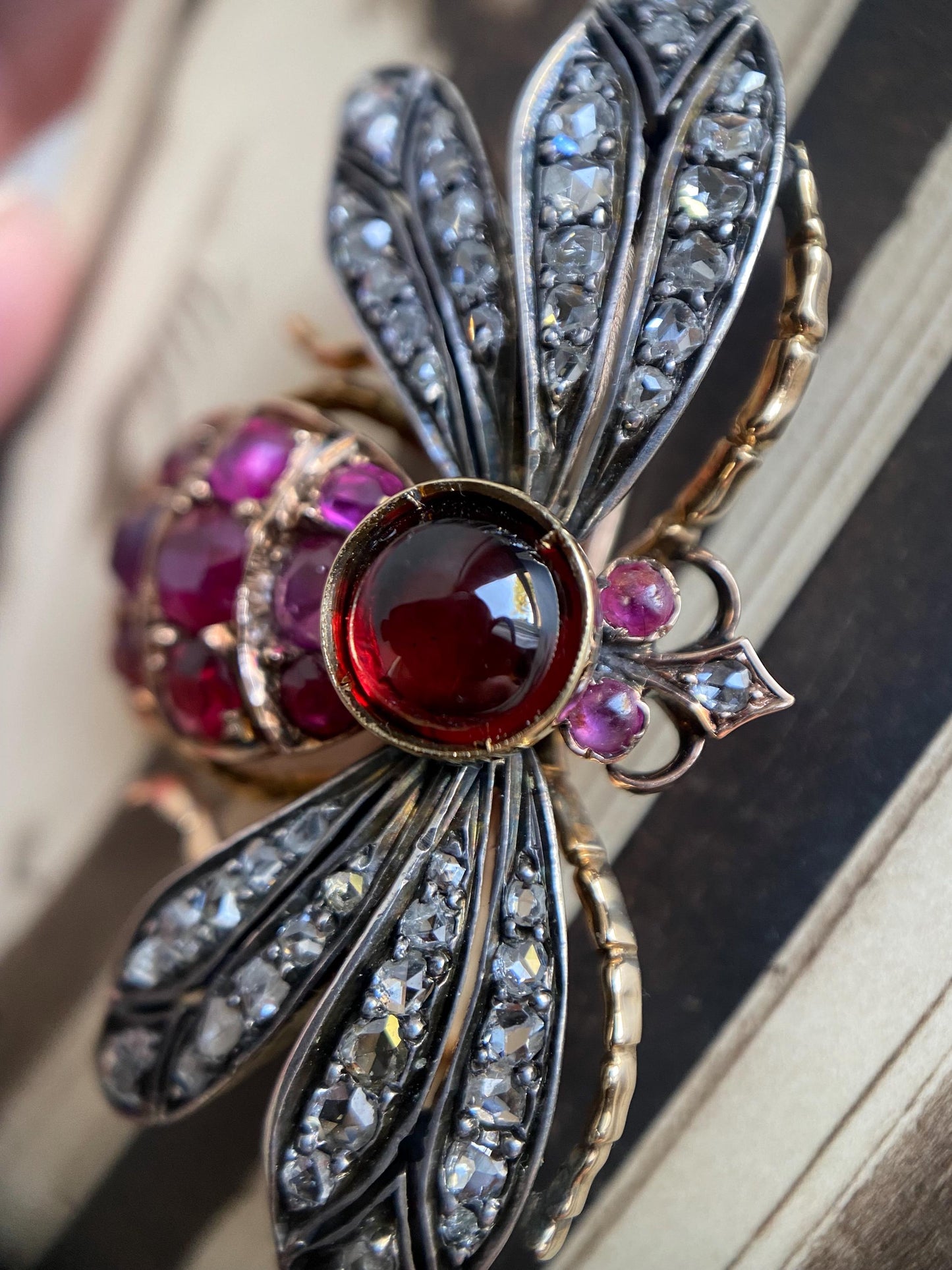 Antique Victorian Bejeweled Bee Brooch with Diamonds, Rubies and Spinel in Silver and Gold c. 1890, Insect, Bug, Pin, Connector, Extender
