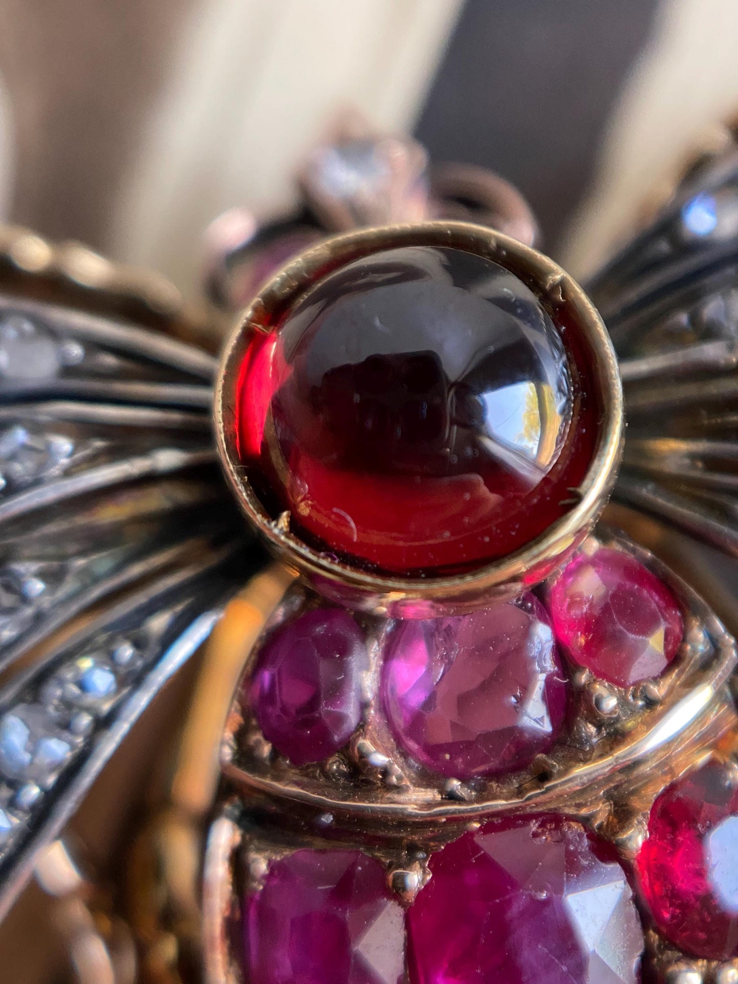 Antique Victorian Bejeweled Bee Brooch with Diamonds, Rubies and Spinel in Silver and Gold c. 1890, Insect, Bug, Pin, Connector, Extender