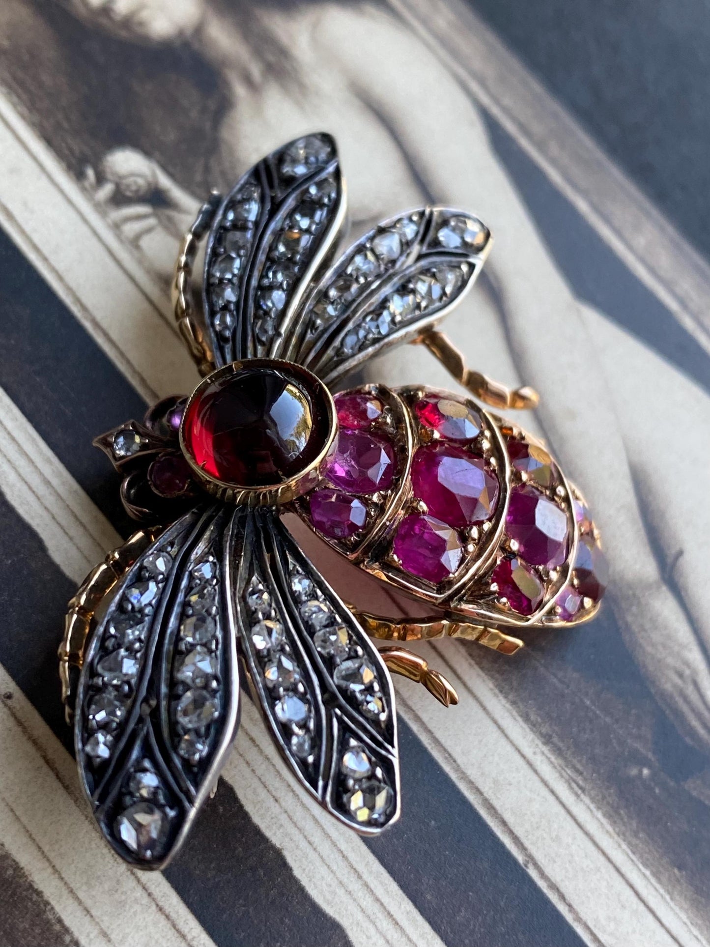 Antique Victorian Bejeweled Bee Brooch with Diamonds, Rubies and Spinel in Silver and Gold c. 1890, Insect, Bug, Pin, Connector, Extender