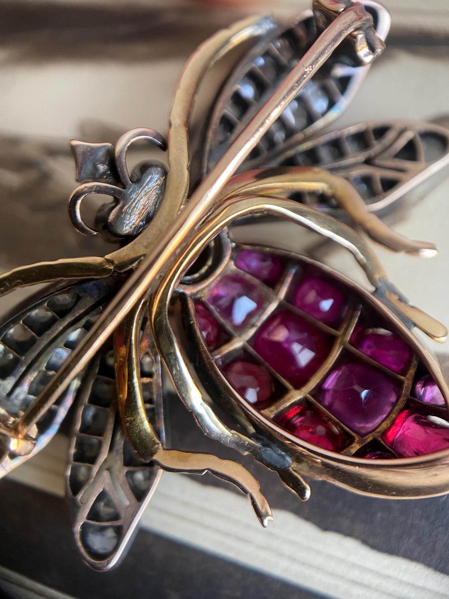 Antique Victorian Bejeweled Bee Brooch with Diamonds, Rubies and Spinel in Silver and Gold c. 1890, Insect, Bug, Pin, Connector, Extender