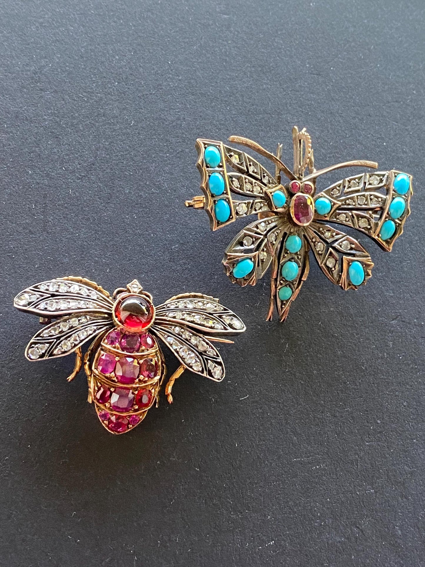 Antique Victorian Bejeweled Bee Brooch with Diamonds, Rubies and Spinel in Silver and Gold c. 1890, Insect, Bug, Pin, Connector, Extender