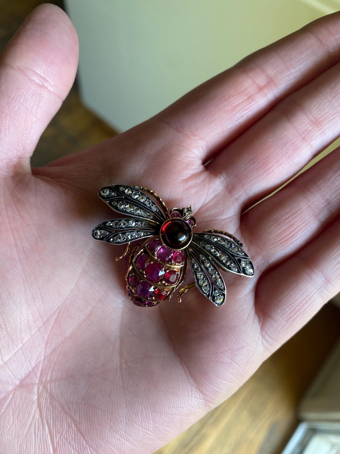 Antique Victorian Bejeweled Bee Brooch with Diamonds, Rubies and Spinel in Silver and Gold c. 1890, Insect, Bug, Pin, Connector, Extender