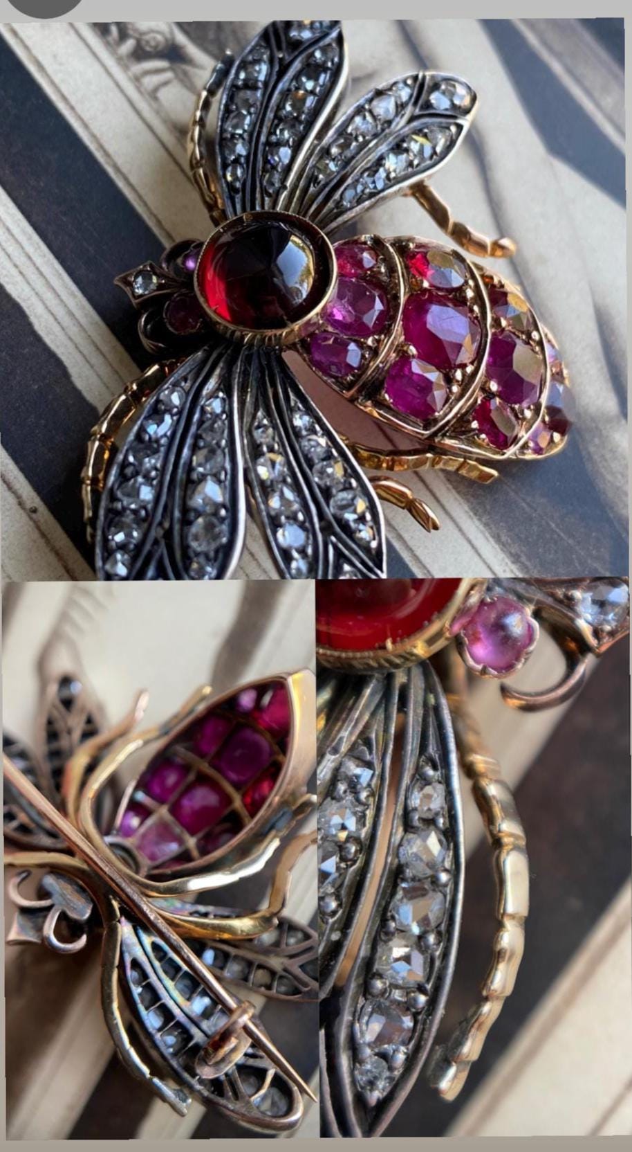 Antique Victorian Bejeweled Bee Brooch with Diamonds, Rubies and Spinel in Silver and Gold c. 1890, Insect, Bug, Pin, Connector, Extender