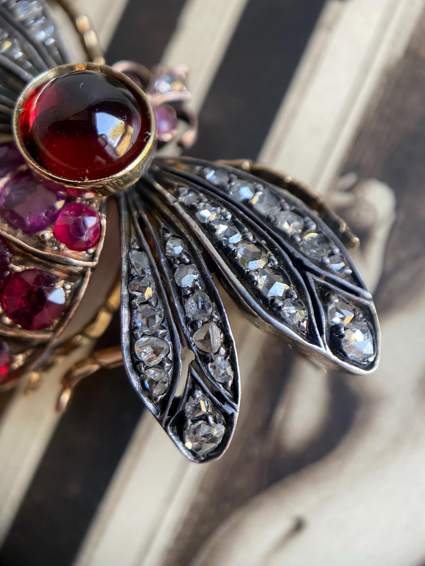 Antique Victorian Bejeweled Bee Brooch with Diamonds, Rubies and Spinel in Silver and Gold c. 1890, Insect, Bug, Pin, Connector, Extender