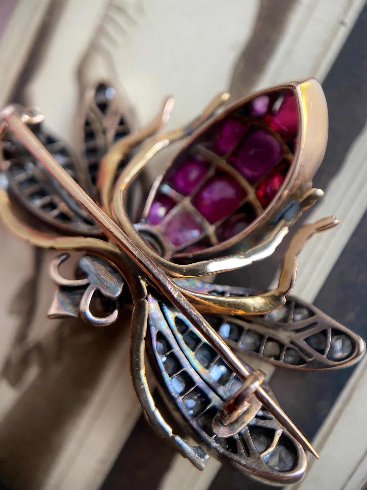 Antique Victorian Bejeweled Bee Brooch with Diamonds, Rubies and Spinel in Silver and Gold c. 1890, Insect, Bug, Pin, Connector, Extender