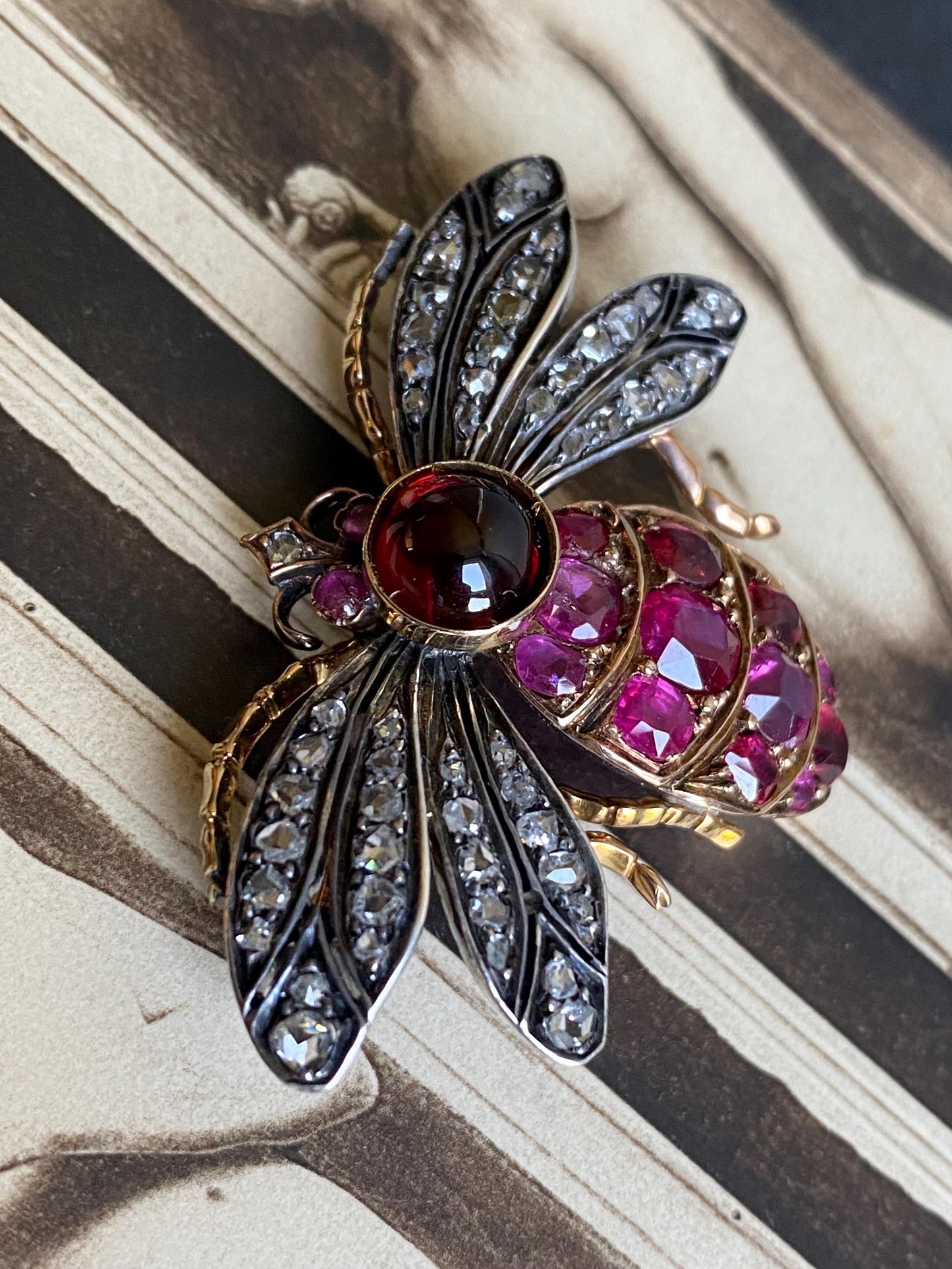 Antique Victorian Bejeweled Bee Brooch with Diamonds, Rubies and Spinel in Silver and Gold c. 1890, Insect, Bug, Pin, Connector, Extender