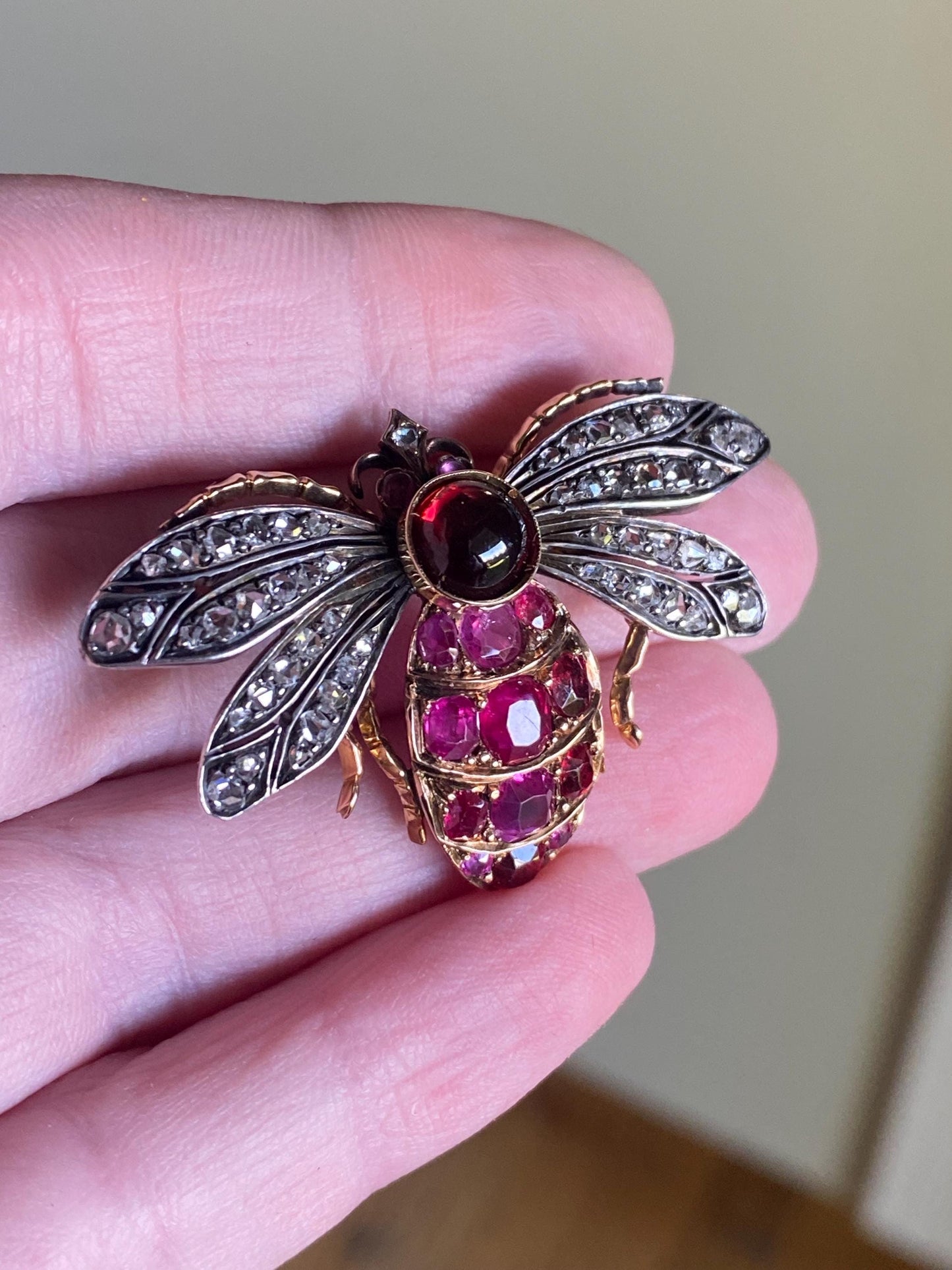 Antique Victorian Bejeweled Bee Brooch with Diamonds, Rubies and Spinel in Silver and Gold c. 1890, Insect, Bug, Pin, Connector, Extender