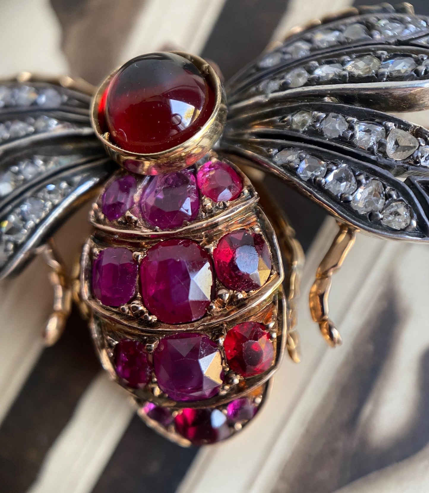 Antique Victorian Bejeweled Bee Brooch with Diamonds, Rubies and Spinel in Silver and Gold c. 1890, Insect, Bug, Pin, Connector, Extender