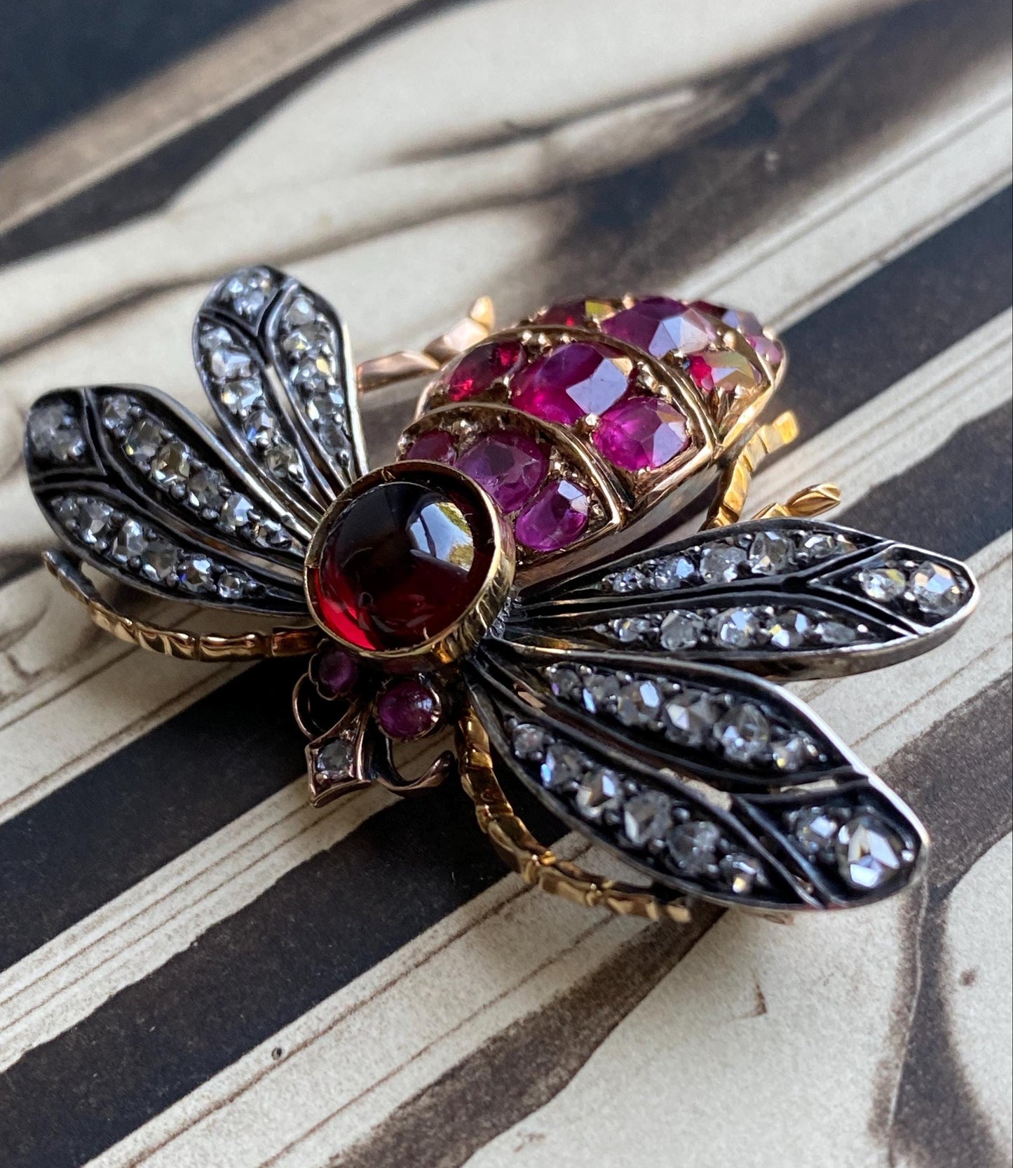 Antique Victorian Bejeweled Bee Brooch with Diamonds, Rubies and Spinel in Silver and Gold c. 1890, Insect, Bug, Pin, Connector, Extender