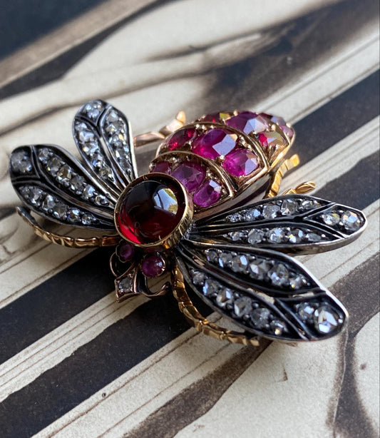 Antique Victorian Bejeweled Bee Brooch with Diamonds, Rubies and Spinel in Silver and Gold c. 1890, Insect, Bug, Pin, Connector, Extender