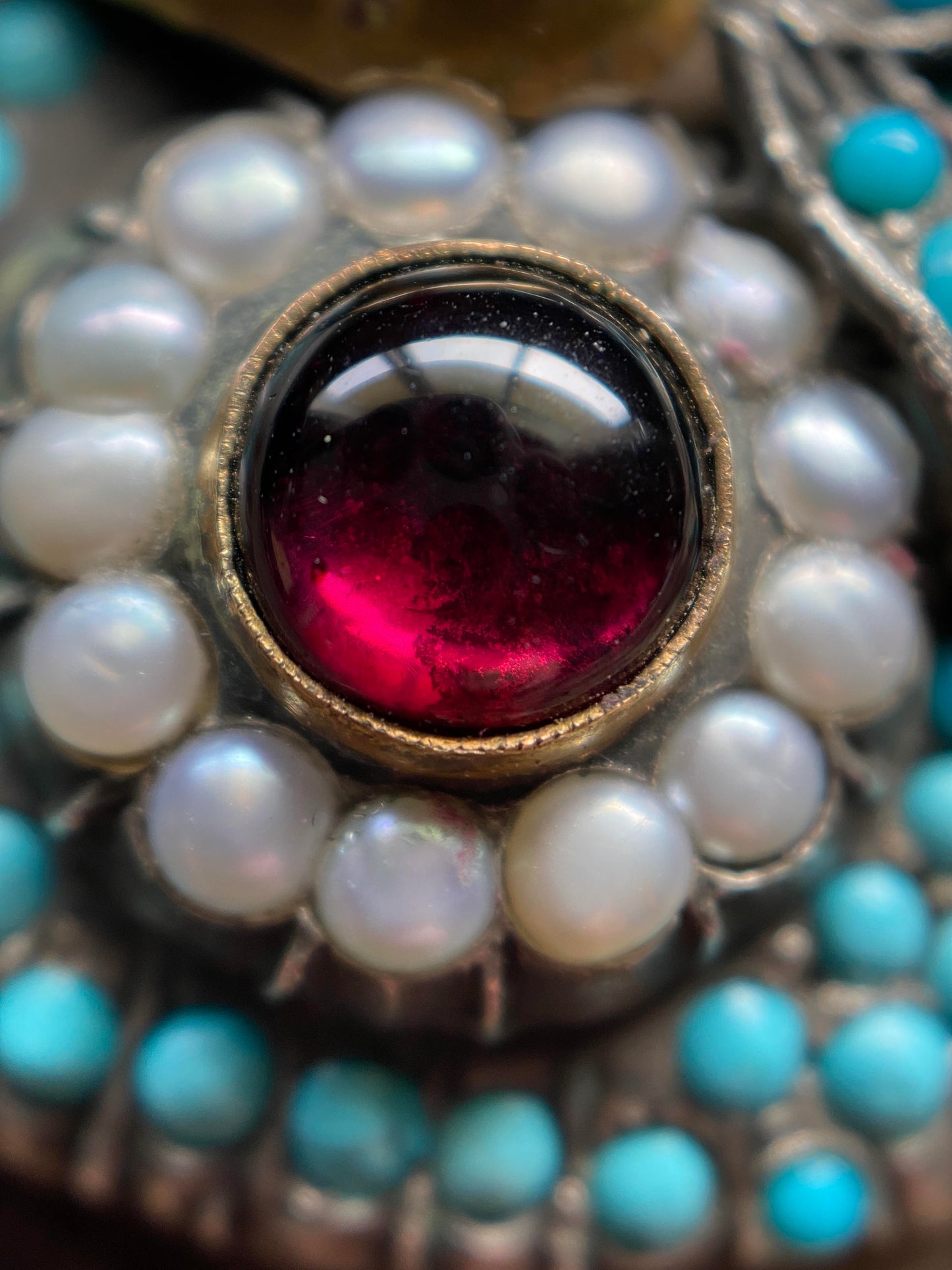 Antique Late Georgian/Early Victorian Tuquoise Pave Owl Pendant with Garnet & Pearl Eyes in Silver and 18k Gold, Figural, Animal