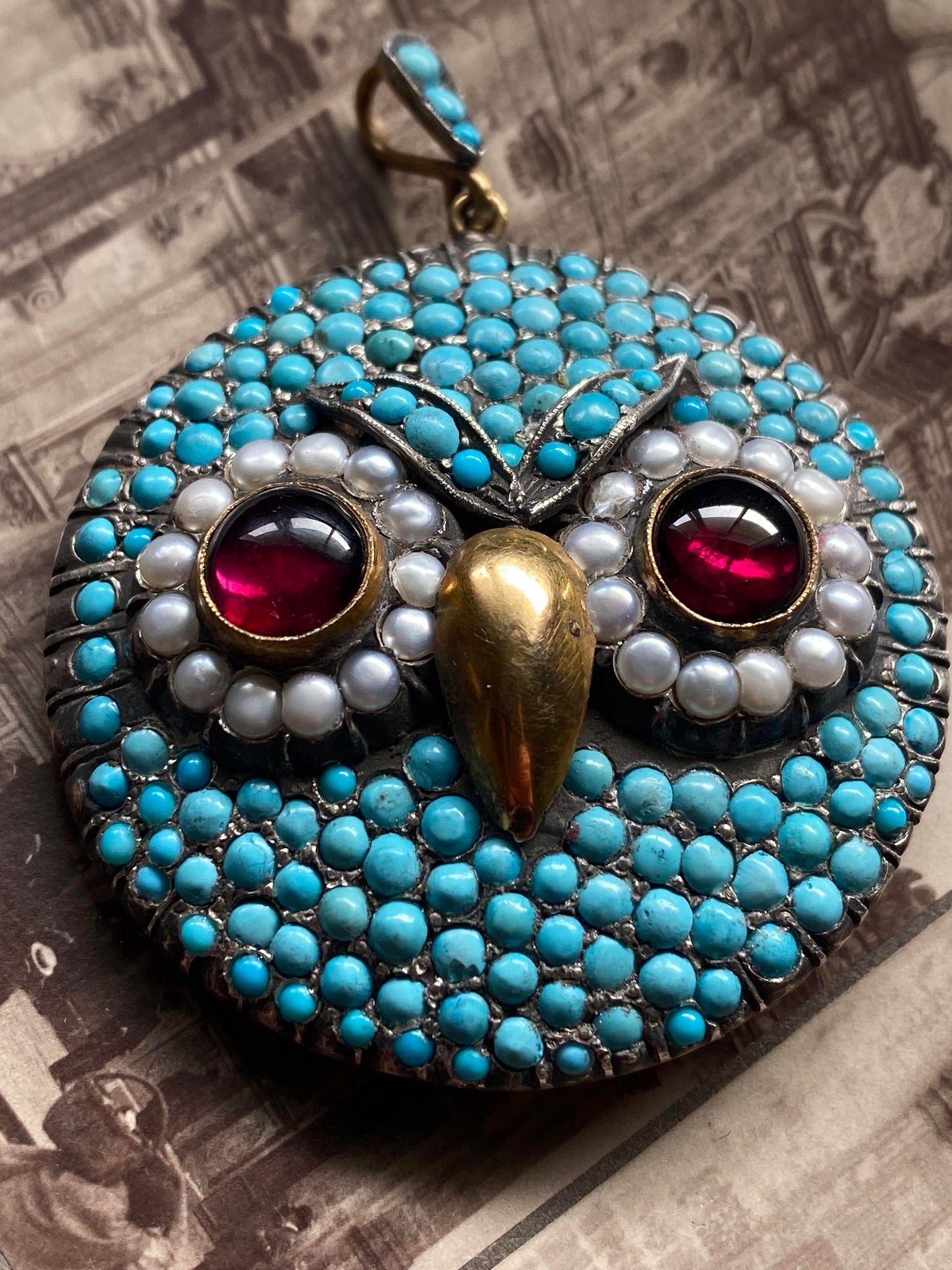 Antique Late Georgian/Early Victorian Tuquoise Pave Owl Pendant with Garnet & Pearl Eyes in Silver and 18k Gold, Figural, Animal