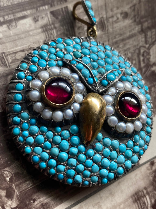 Antique Late Georgian/Early Victorian Tuquoise Pave Owl Pendant with Garnet & Pearl Eyes in Silver and 18k Gold, Figural, Animal