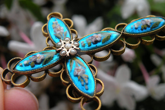 Victorian Iridescent Sky Blue Enamel Cross Pendant with Floral Motifs and Brooch Fitting in Gold Tone, 1800's, Religious, Gothic, Devotional