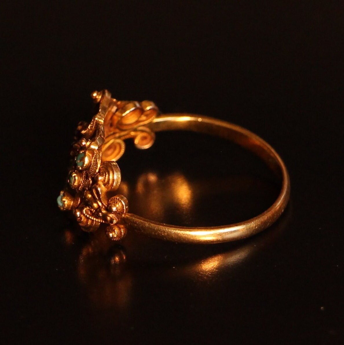 Antique Georgian Cannetille Butterfly Ring with Turquoise and Garnets in 18k Gold c. 1820, Animal, Insect, Bug, 1800's
