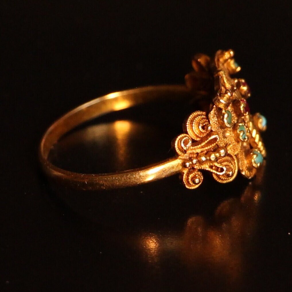 Antique Georgian Cannetille Butterfly Ring with Turquoise and Garnets in 18k Gold c. 1820, Animal, Insect, Bug, 1800's
