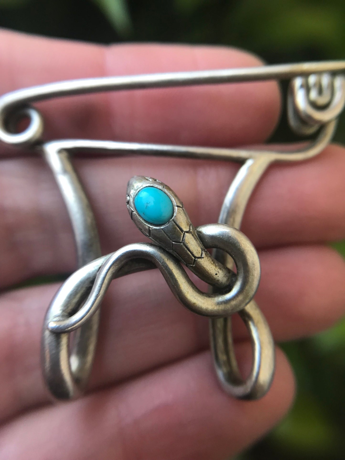 Antique Victorian Silver and Turquoise Coiled Snake Bar Brooch, Safety Pin, Serpent, Pendant, Charm Holder, Extender, 1800's