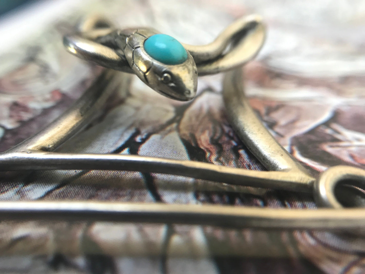 Antique Victorian Silver and Turquoise Coiled Snake Bar Brooch, Safety Pin, Serpent, Pendant, Charm Holder, Extender, 1800's