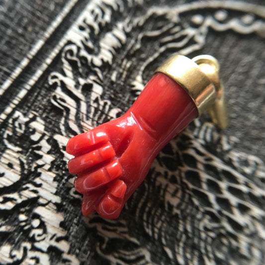 Vintage Italian Coral Figa in 18k Gold, Good Luck, Evil Eye, Amulet, Hand, Fist, Mano Fico